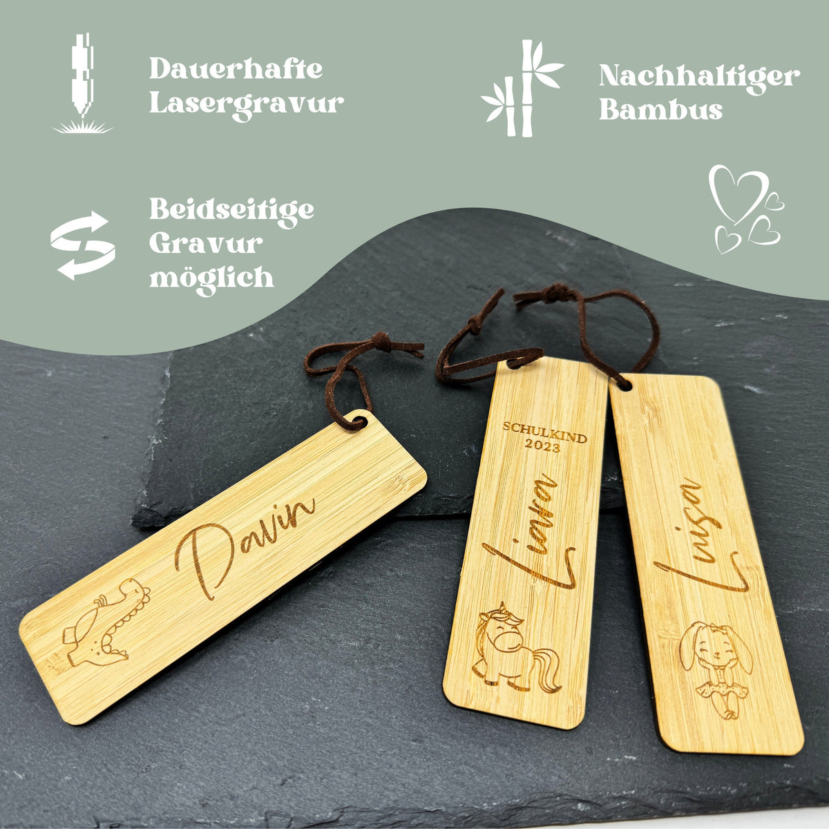 Kinder-Lesezeichen mit Namen und Tiermotiv