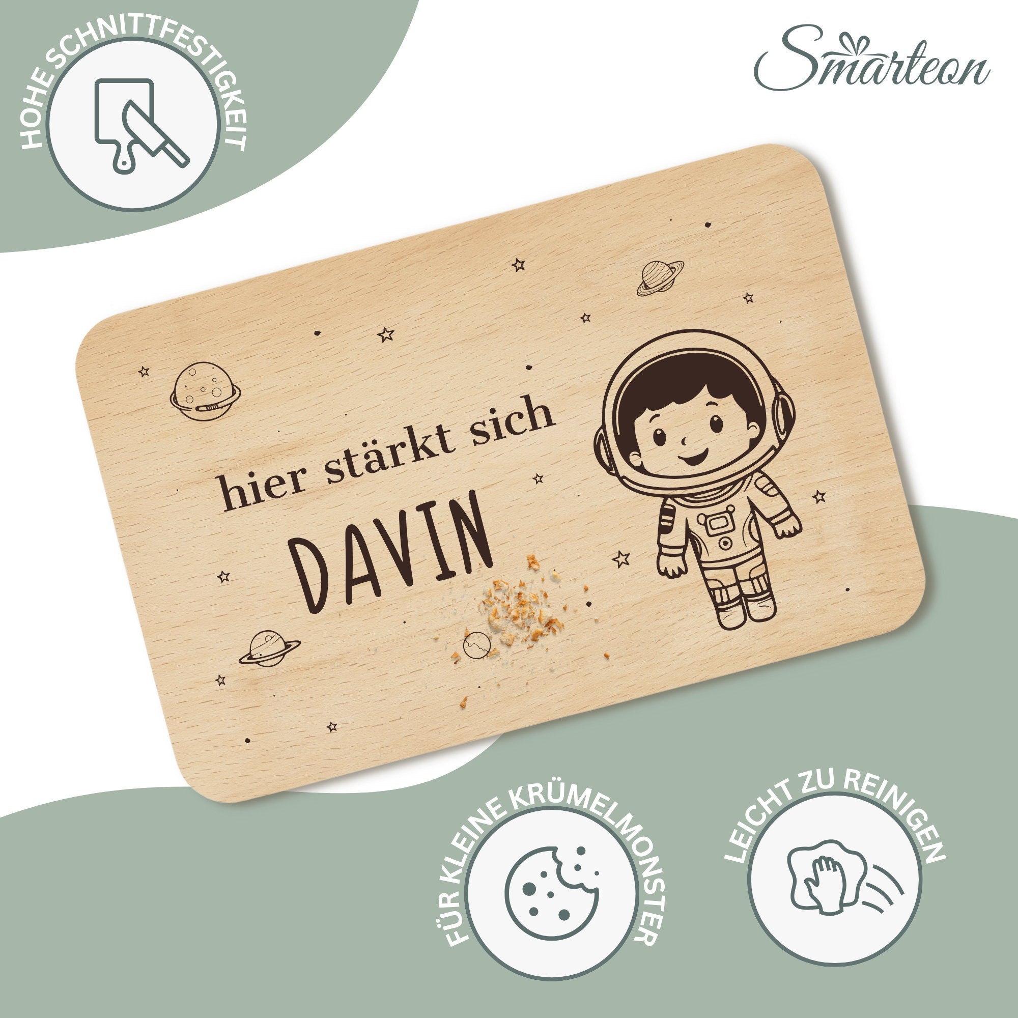 Frühstücksbrettchen Astronaut mit Namen - Holzbrettchen Weltall für Kinder personalisiert mit Gravur