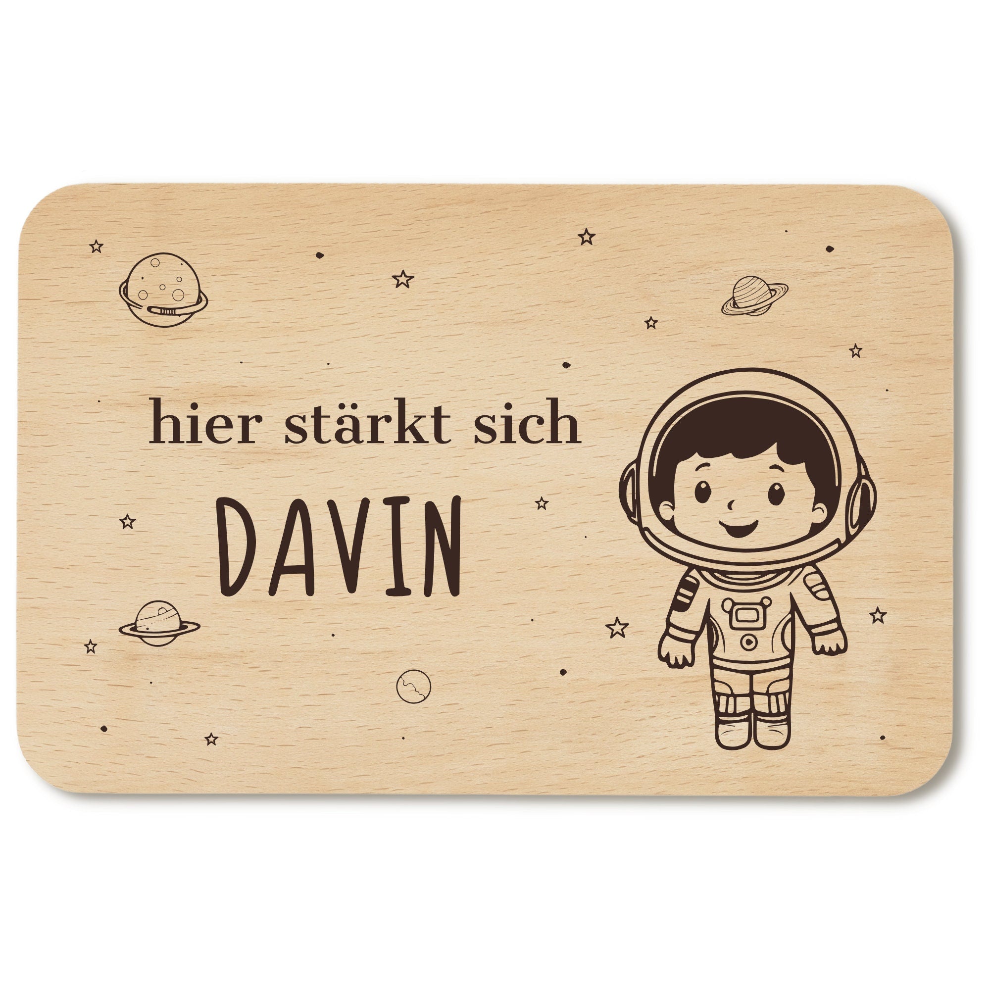 Frühstücksbrettchen Astronaut mit Namen - Holzbrettchen Weltall für Kinder personalisiert mit Gravur