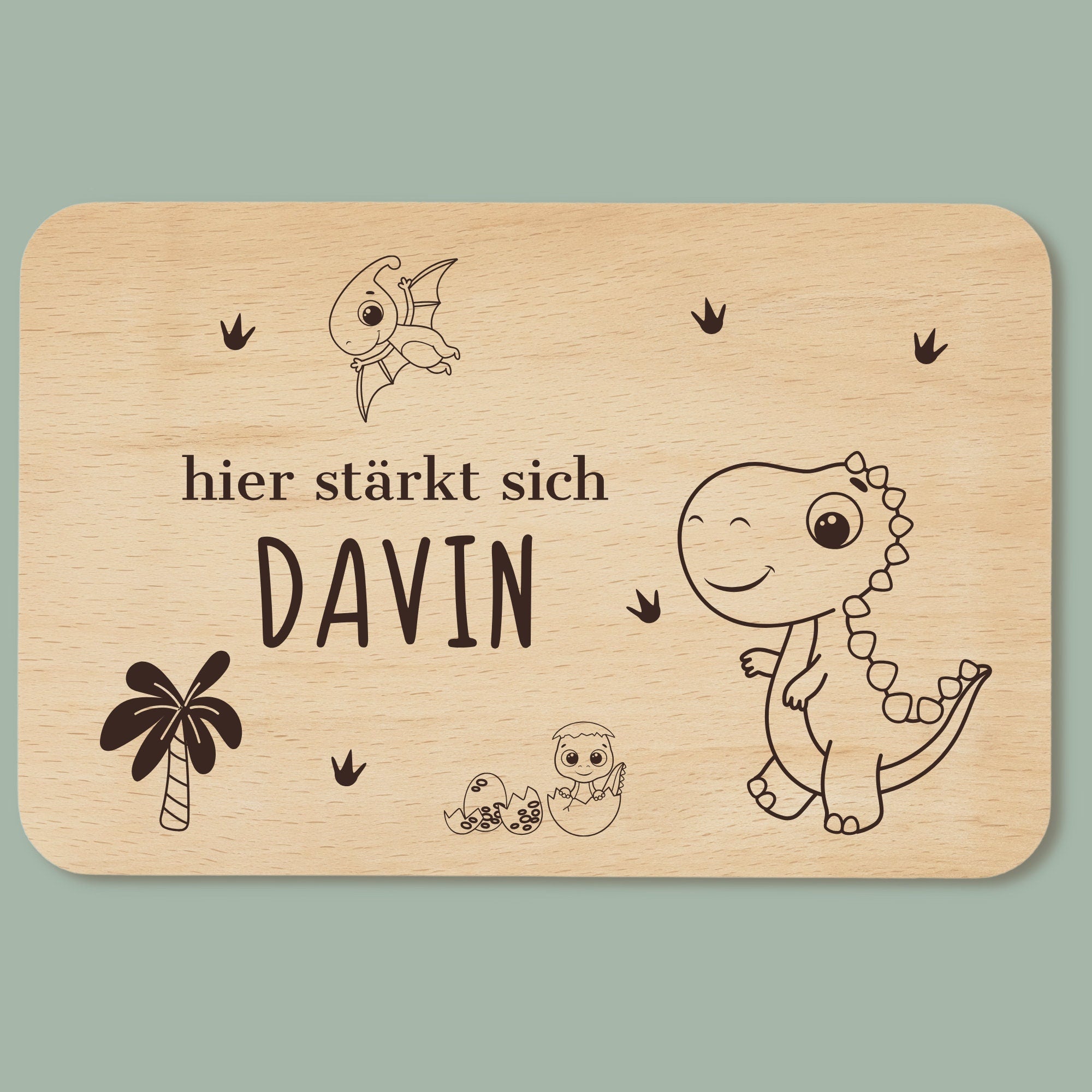 Frühstücksbrettchen Dino mit Namen - Holzbrettchen Dinosaurier für Kinder personalisiert mit Gravur