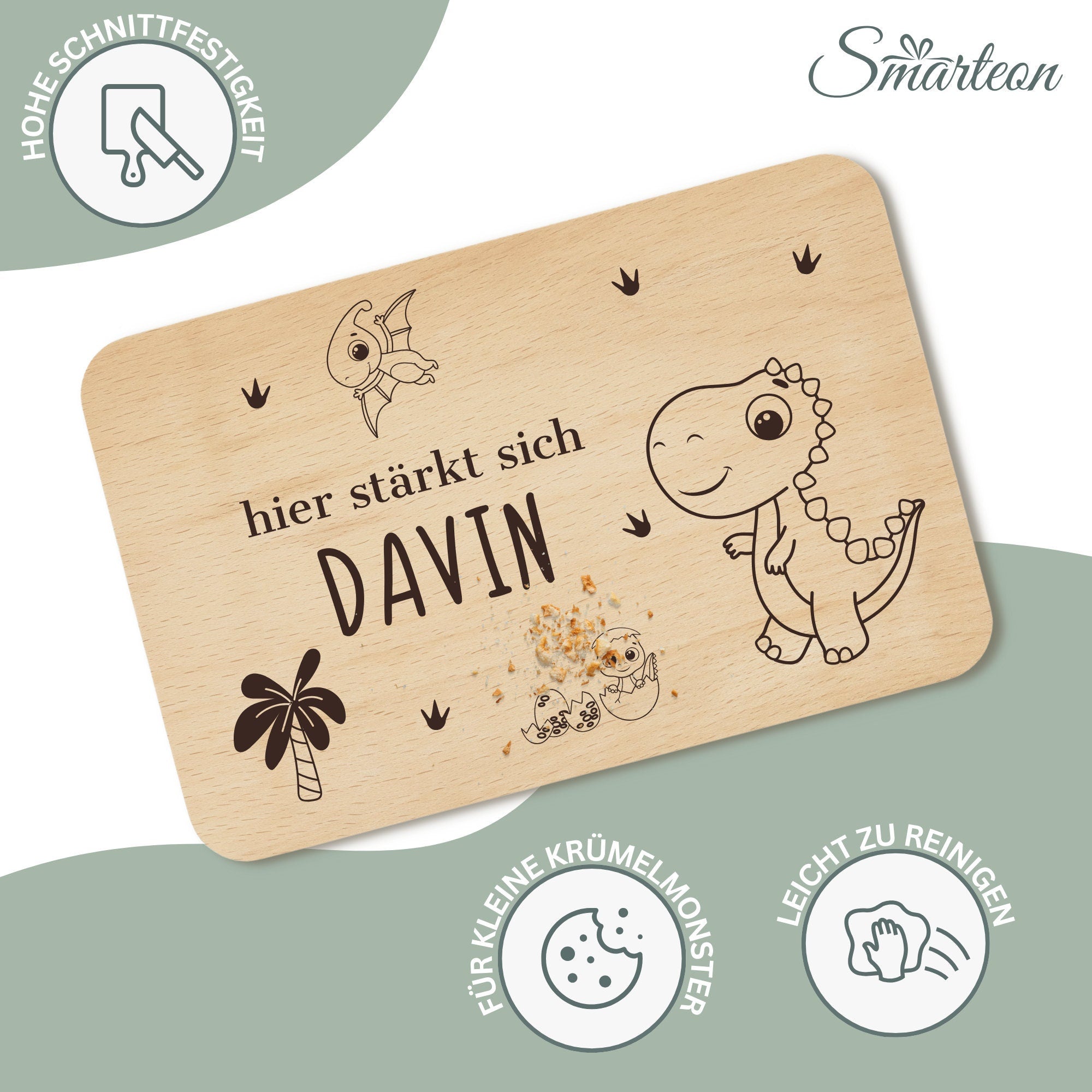 Frühstücksbrettchen Dino mit Namen - Holzbrettchen Dinosaurier für Kinder personalisiert mit Gravur