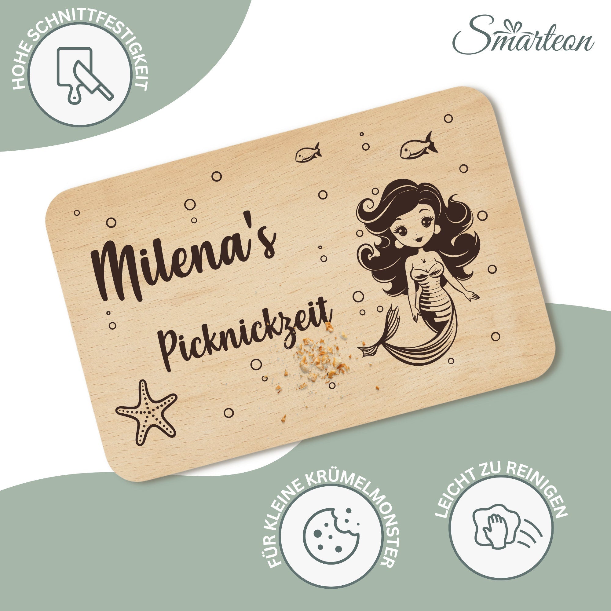 Frühstücksbrettchen Meerjungfrau mit Namen - Holzbrettchen Unterwasser für Kinder personalisiert mit Gravur