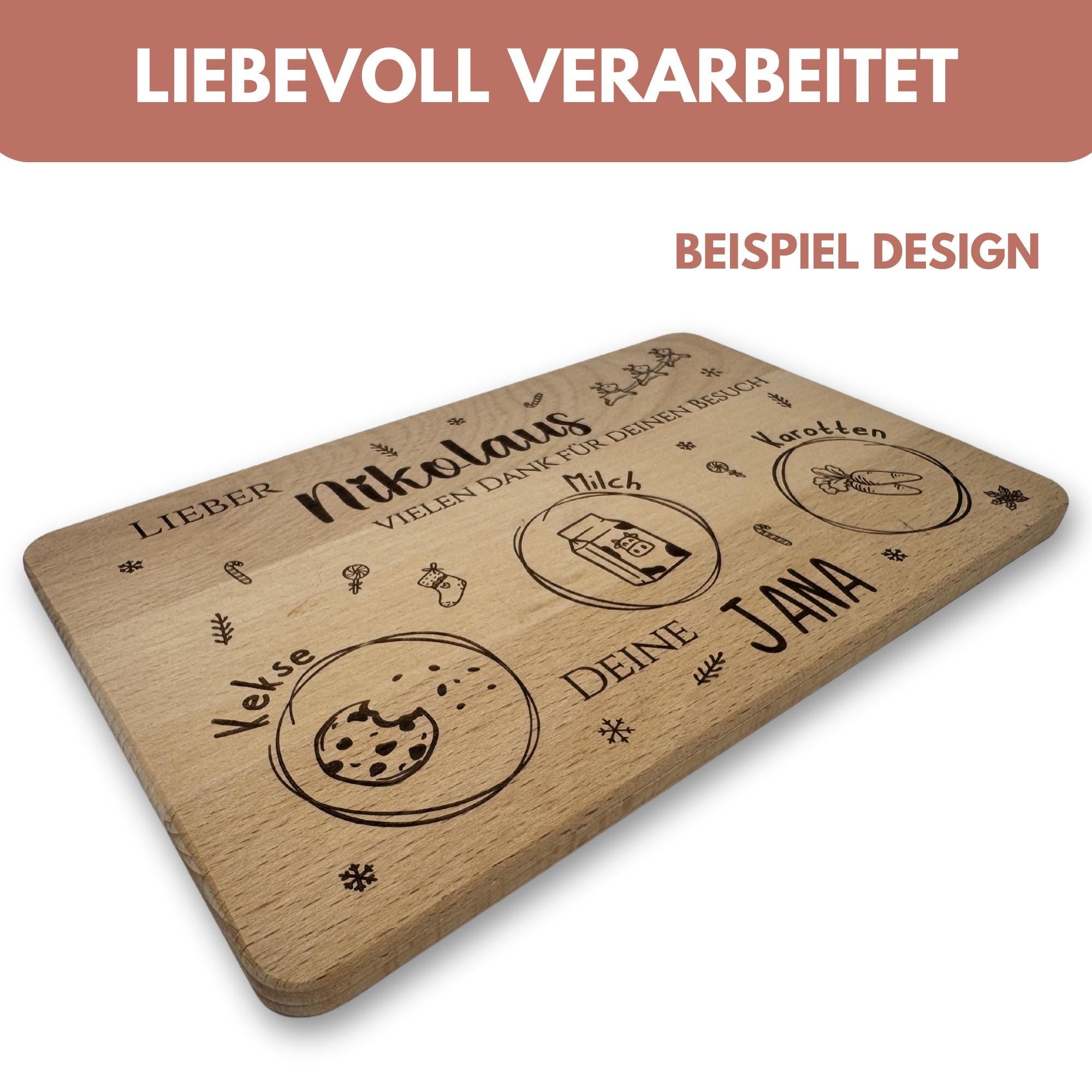 Personalisiertes Brettchen Weihnachtsmann mit Namen, Senta Brett, Frühstücksbrettchen mit Gravur, Schneidebrett Milch und Plätzchen