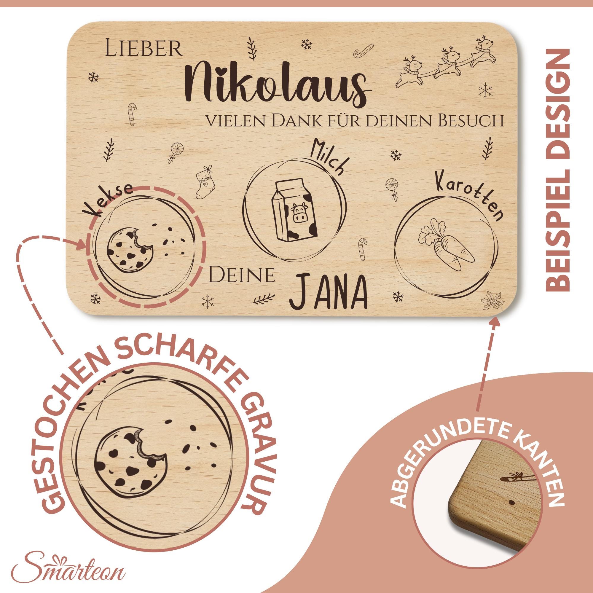 Personalisiertes Brettchen Weihnachtsmann mit Namen, Senta Brett, Frühstücksbrettchen mit Gravur, Schneidebrett Milch und Plätzchen