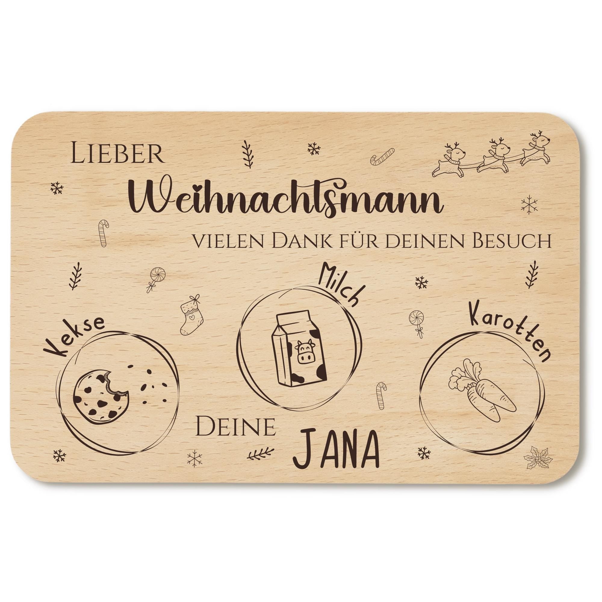 Personalisiertes Brettchen Weihnachtsmann mit Namen, Senta Brett, Frühstücksbrettchen mit Gravur, Schneidebrett Milch und Plätzchen