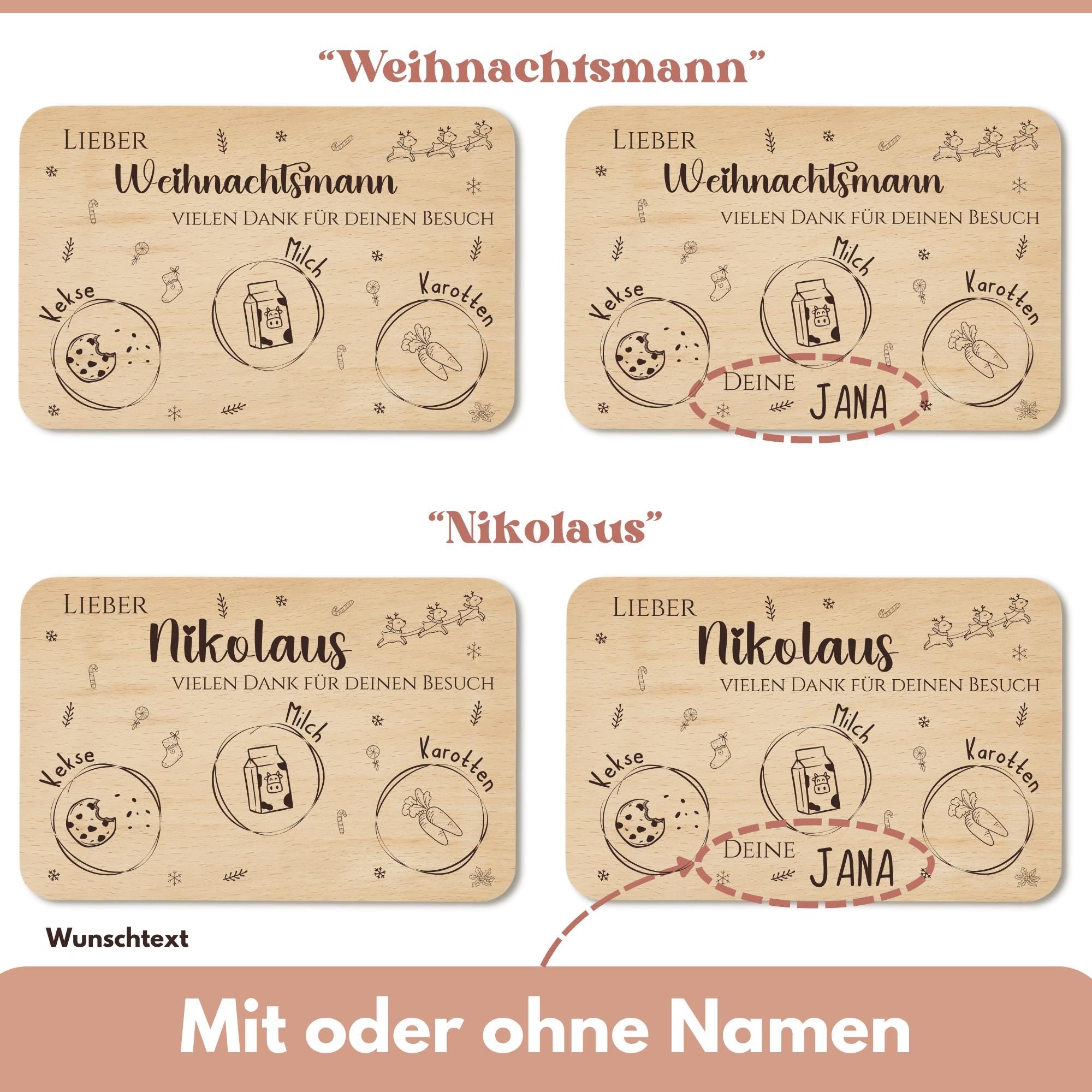 Personalisiertes Brettchen Weihnachtsmann mit Namen, Senta Brett, Frühstücksbrettchen mit Gravur, Schneidebrett Milch und Plätzchen