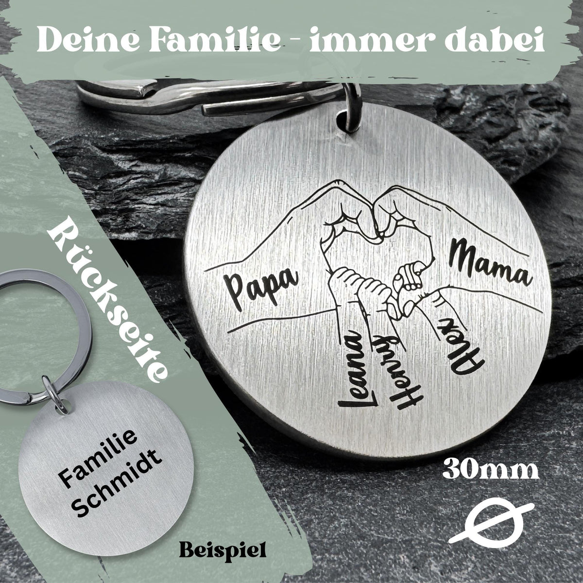 Schlüsselanhänger Papa & Mama Herz mit Kinderhänden
