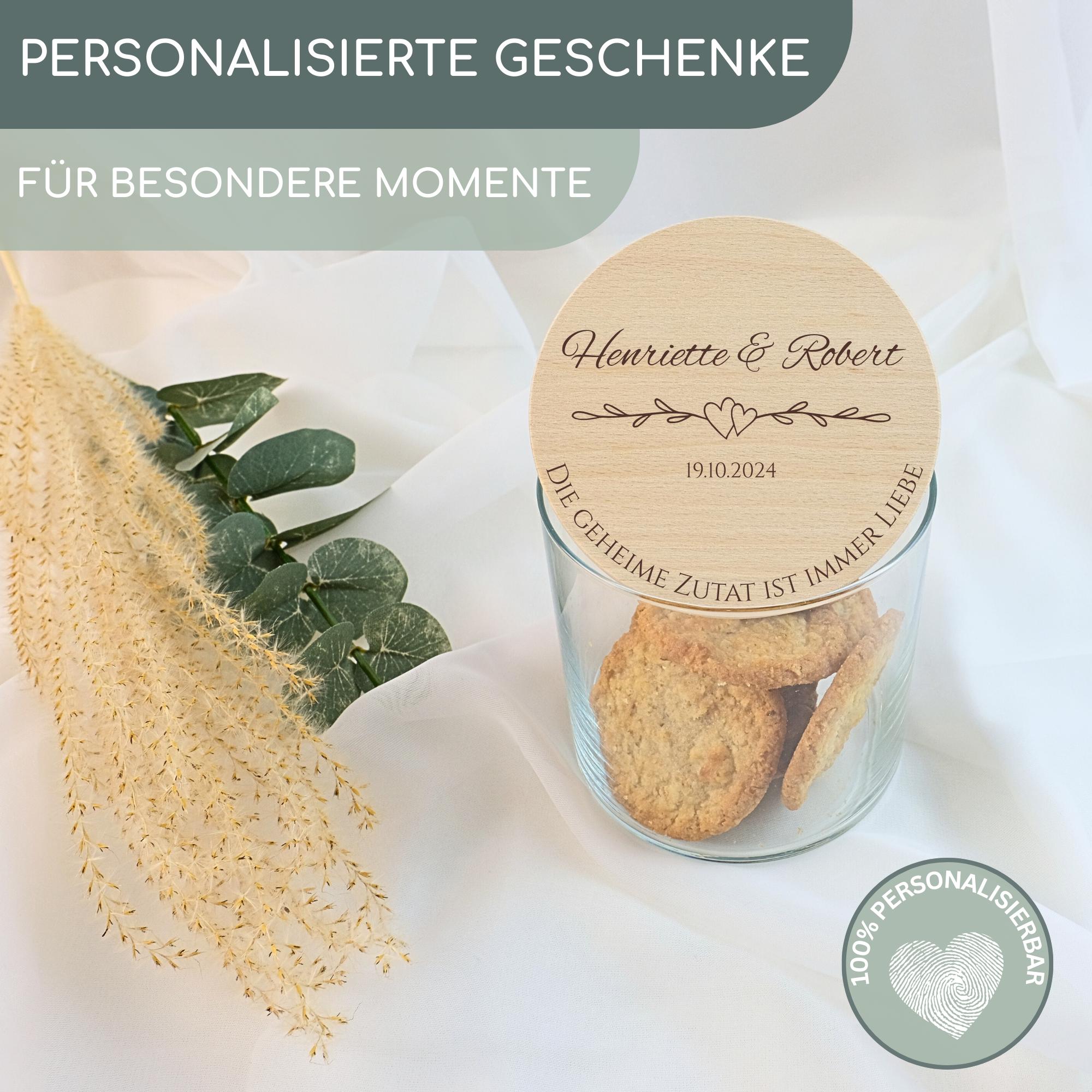 Vorratsglas mit Deckel - Geschenk zur Hochzeit, Geldgeschenk, Hochzeitsgeschenk mit Gravur, Aufbewahrungsglas personalisiert | Geheime Zutat