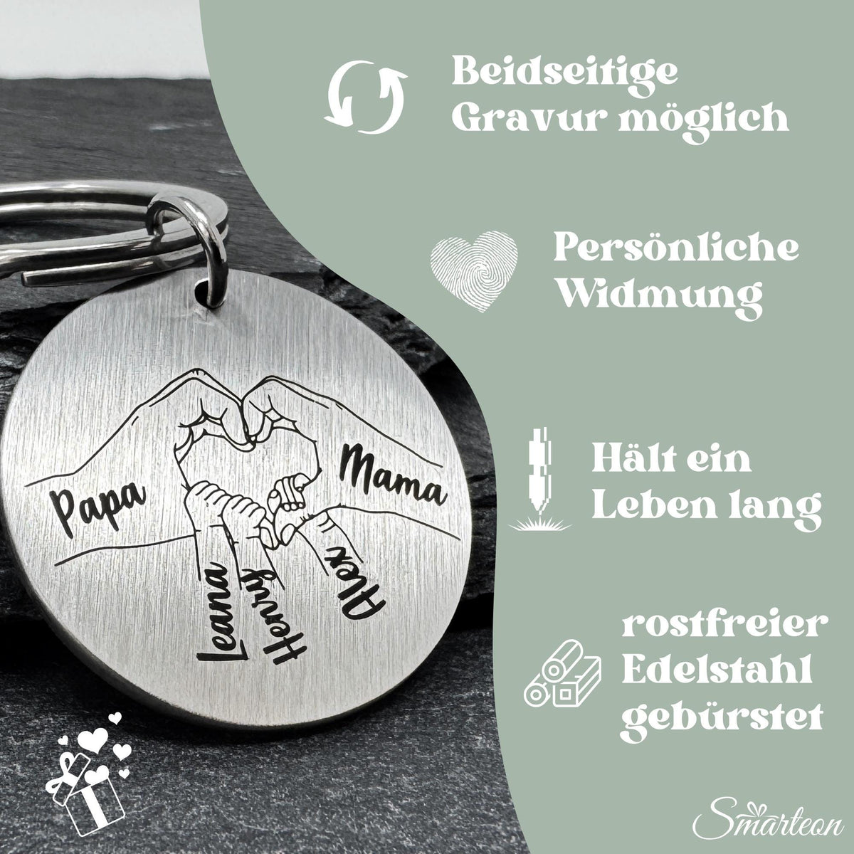 Schlüsselanhänger Papa & Mama Herz mit Kinderhänden