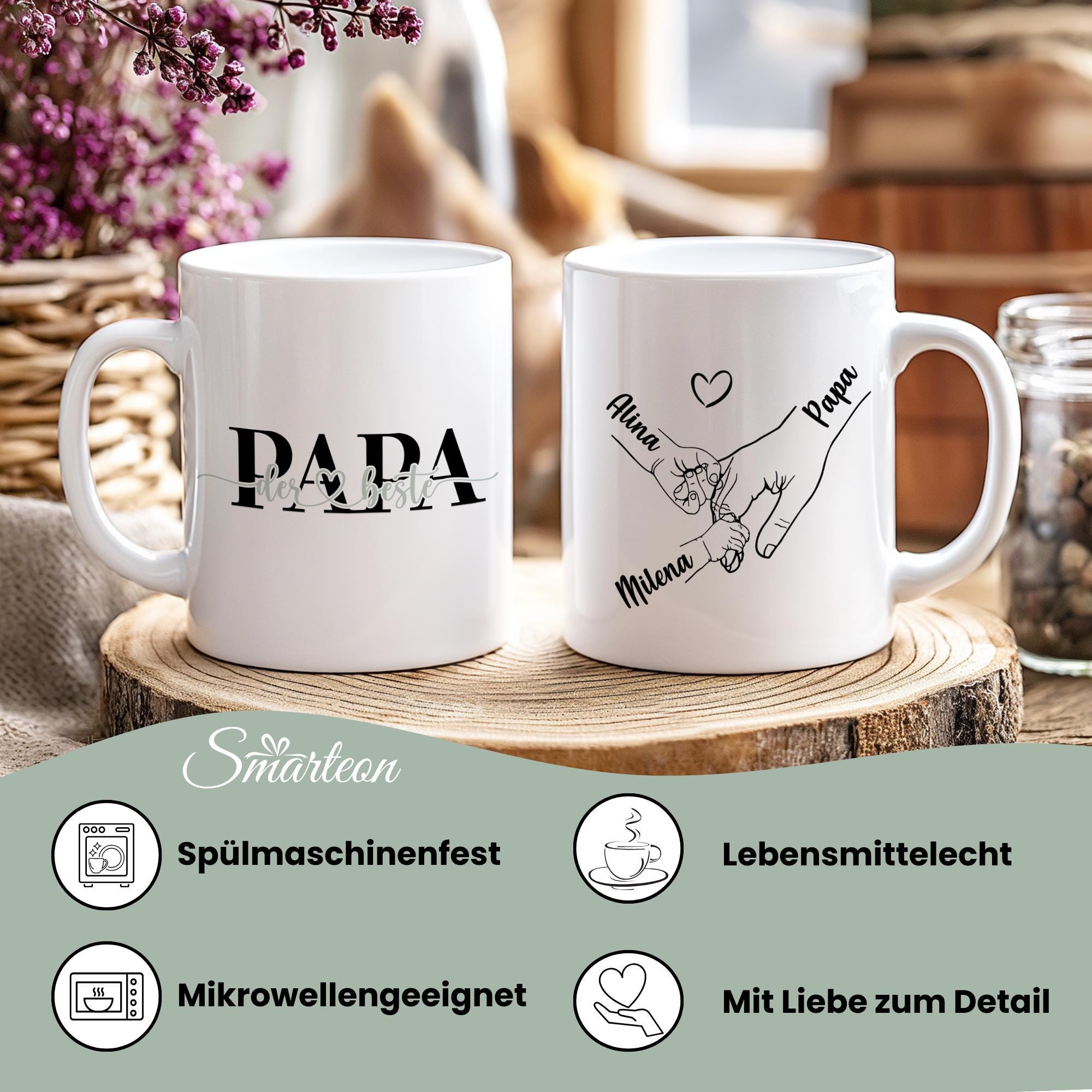 Personalisierte Tasse mit Namen â Geschenk fĂŒr Papa mit KinderhĂ€nden â Vatertag Tasse â Kaffeetasse individuell bedruckt, Papa Tasse