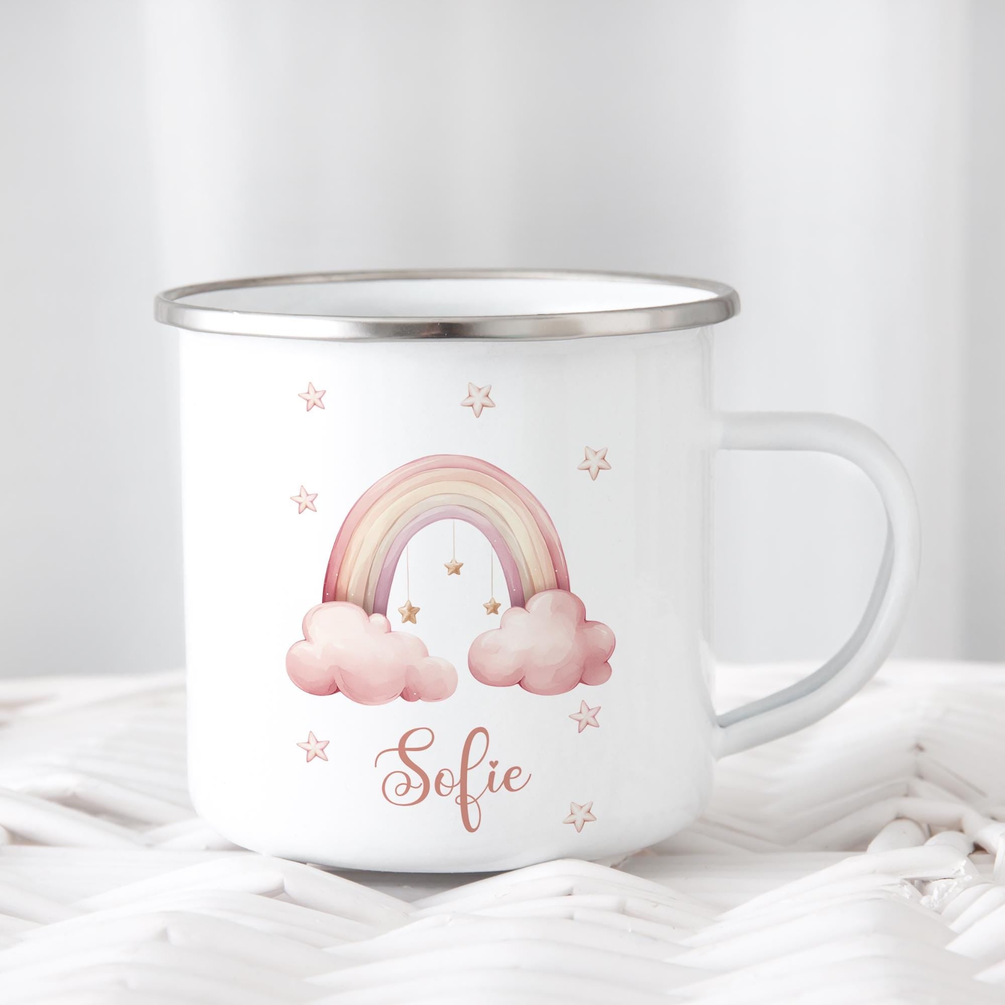 Personalisierte Emaille Tasse für Kinder, Becher mit Namen und Motiv, Geschenk für Junge und Mädchen