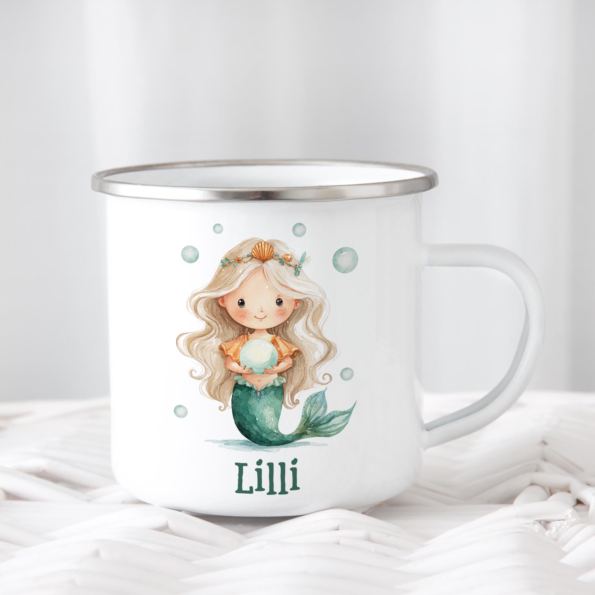 Personalisierte Emaille Tasse für Kinder, Becher mit Namen und Motiv, Geschenk für Junge und Mädchen