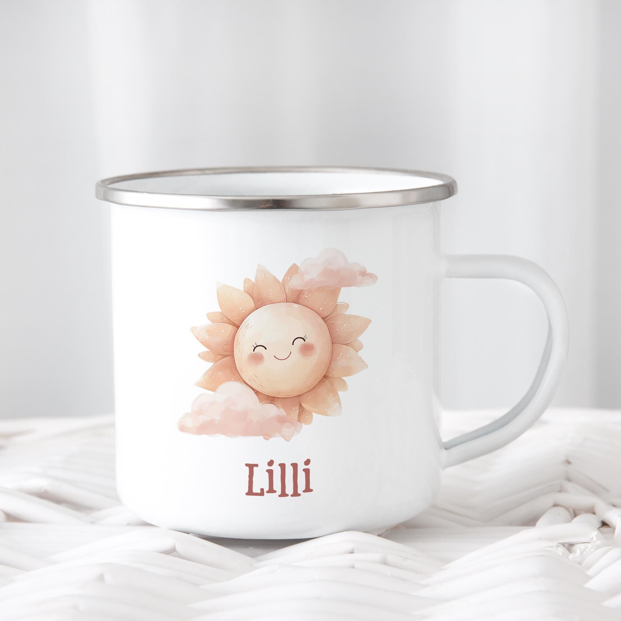 Personalisierte Emaille Tasse für Kinder, Becher mit Namen und Motiv, Geschenk für Junge und Mädchen