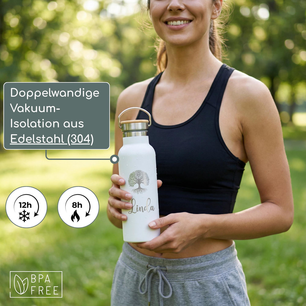 Thermosflasche mit Gravur & Bambusdeckel (500ml)