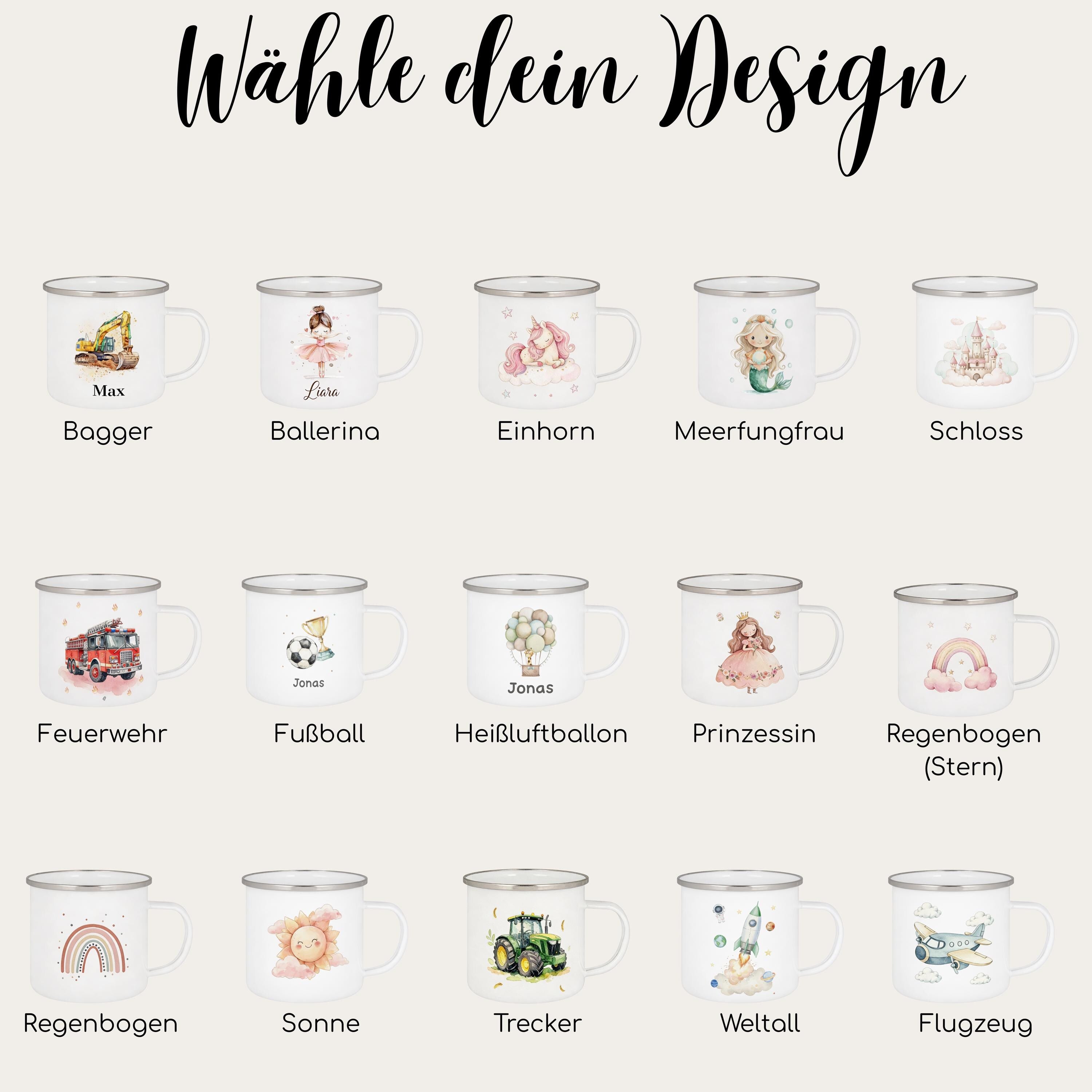 Personalisierte Emaille Tasse für Kinder, Becher mit Namen und Motiv, Geschenk für Junge und Mädchen