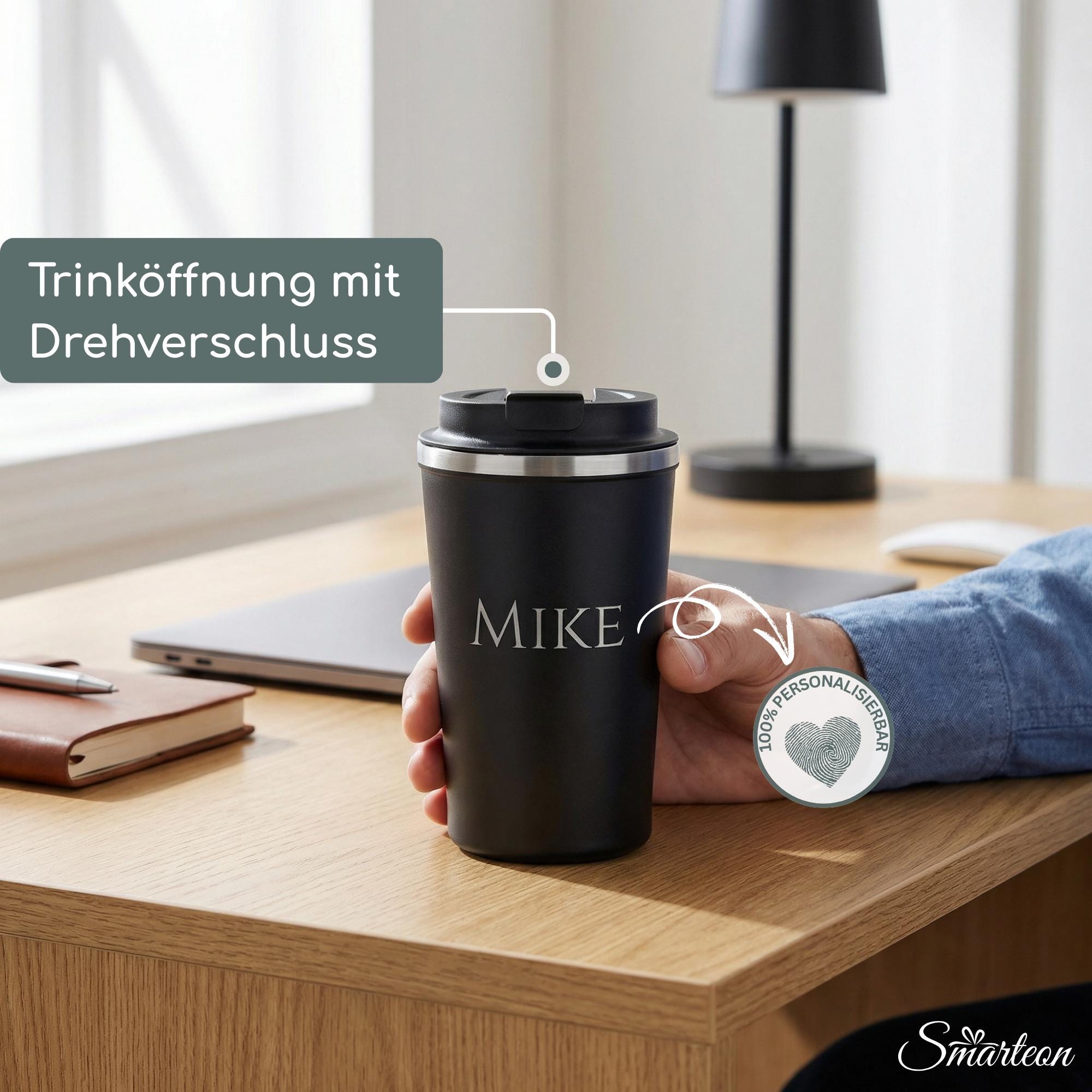 Personalisierter Thermobecher mit Namen, Edelstahl Kaffeebecher To Go auslaufsicher, minimalistisches Geschenk für Frauen & Männer (350ml)