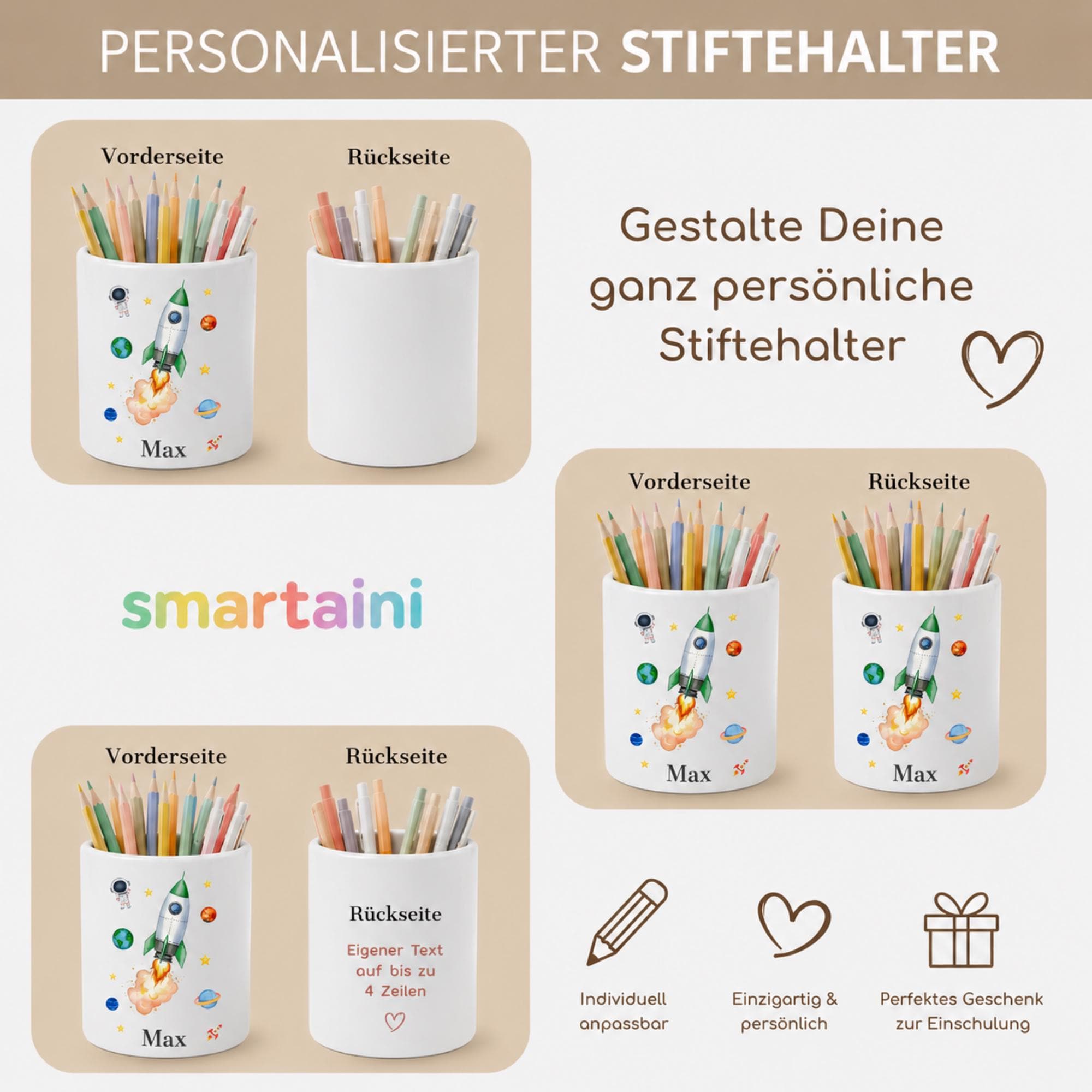 Personalisierter Stiftehalter Kinder mit Name, Einschulung Geschenk, Stifteköcher Schreibtisch, Stiftebecher mit Wunschmotiv