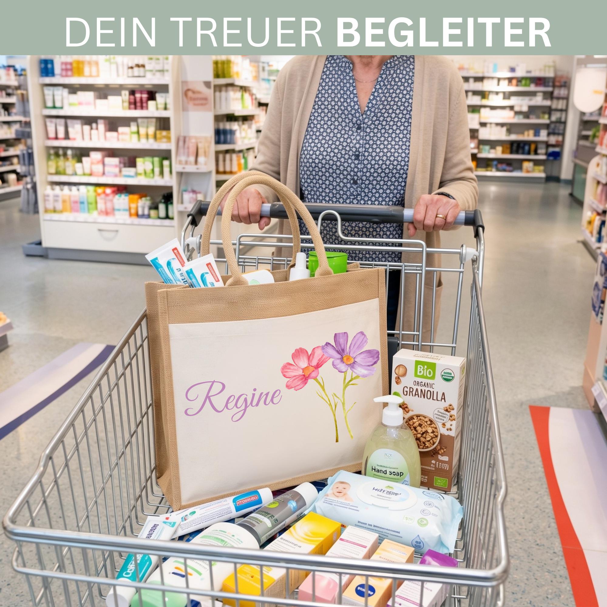 Personalisierte Jutetasche mit Name & Initial – Große Jutetasche Damen, Shopper Tasche, Einkaufstasche, Tote Bag, Design 8 Blume 4