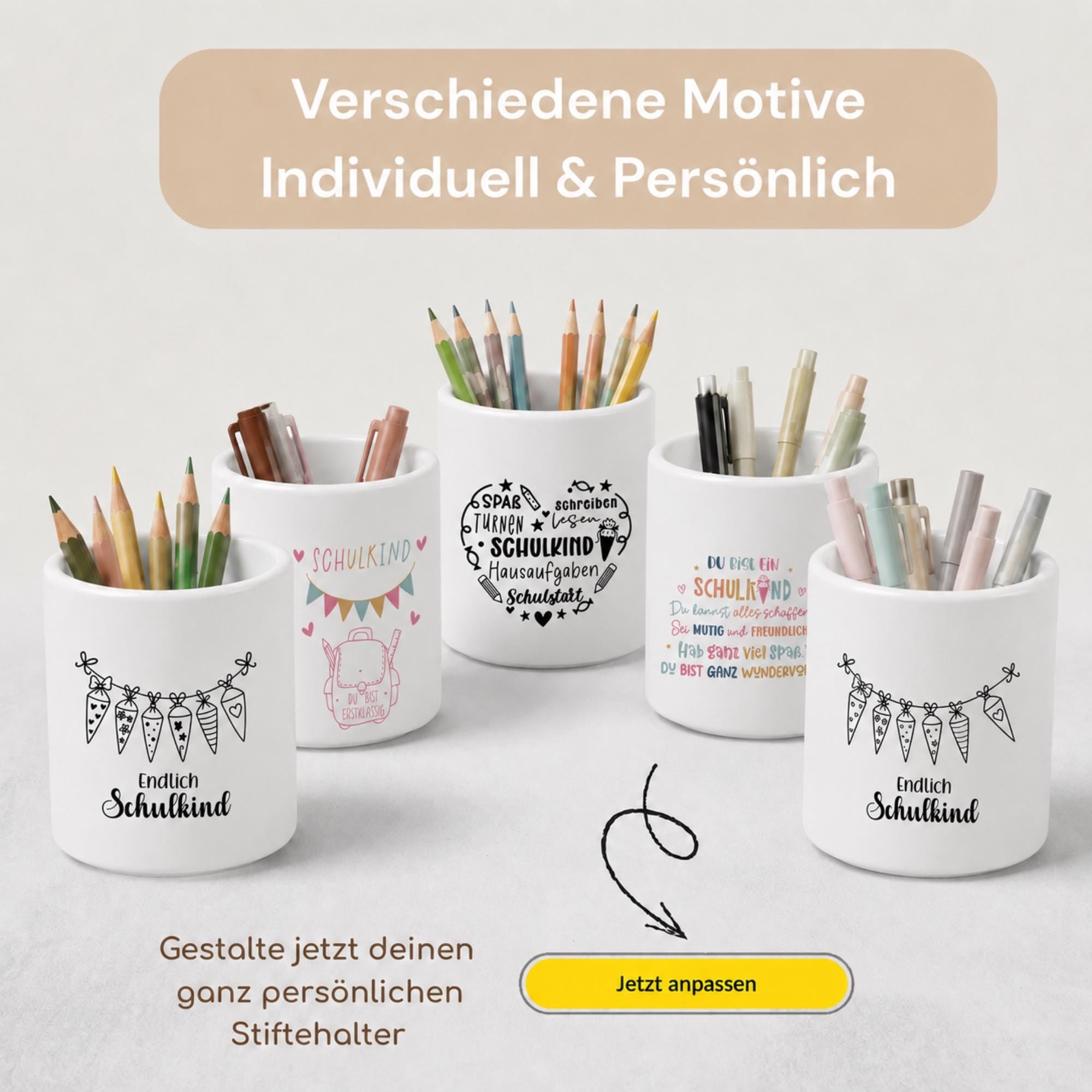 Personalisierter Stiftehalter mit Name – individuelles Einschulung Geschenk, Stiftebecher Kinder, Zubehör mit Wunschmotiv