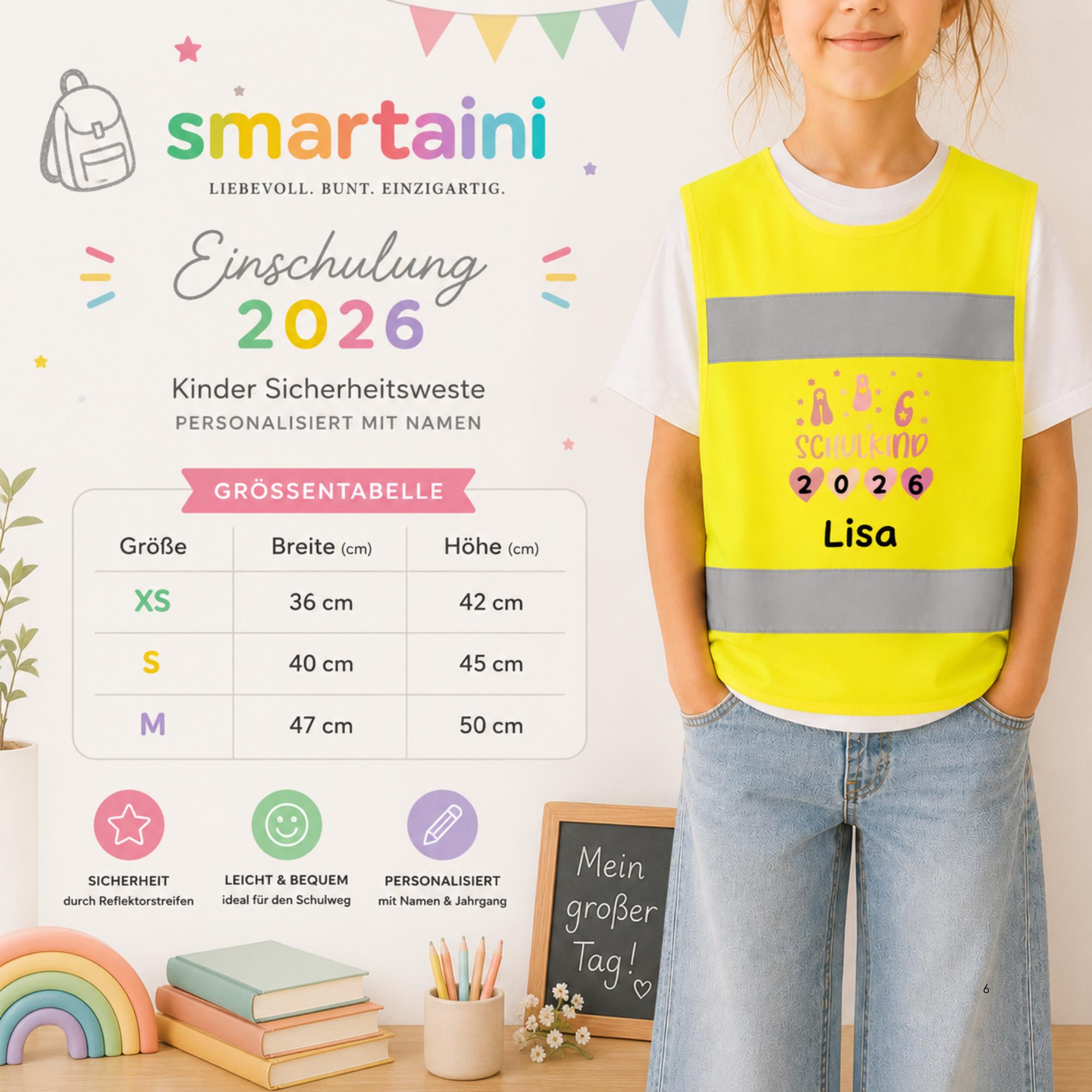 Personalisierte Kinder Sicherheitsweste Einschulung 2026 mit Name, Warnweste Schulkind, Geschenk zur Einschulung