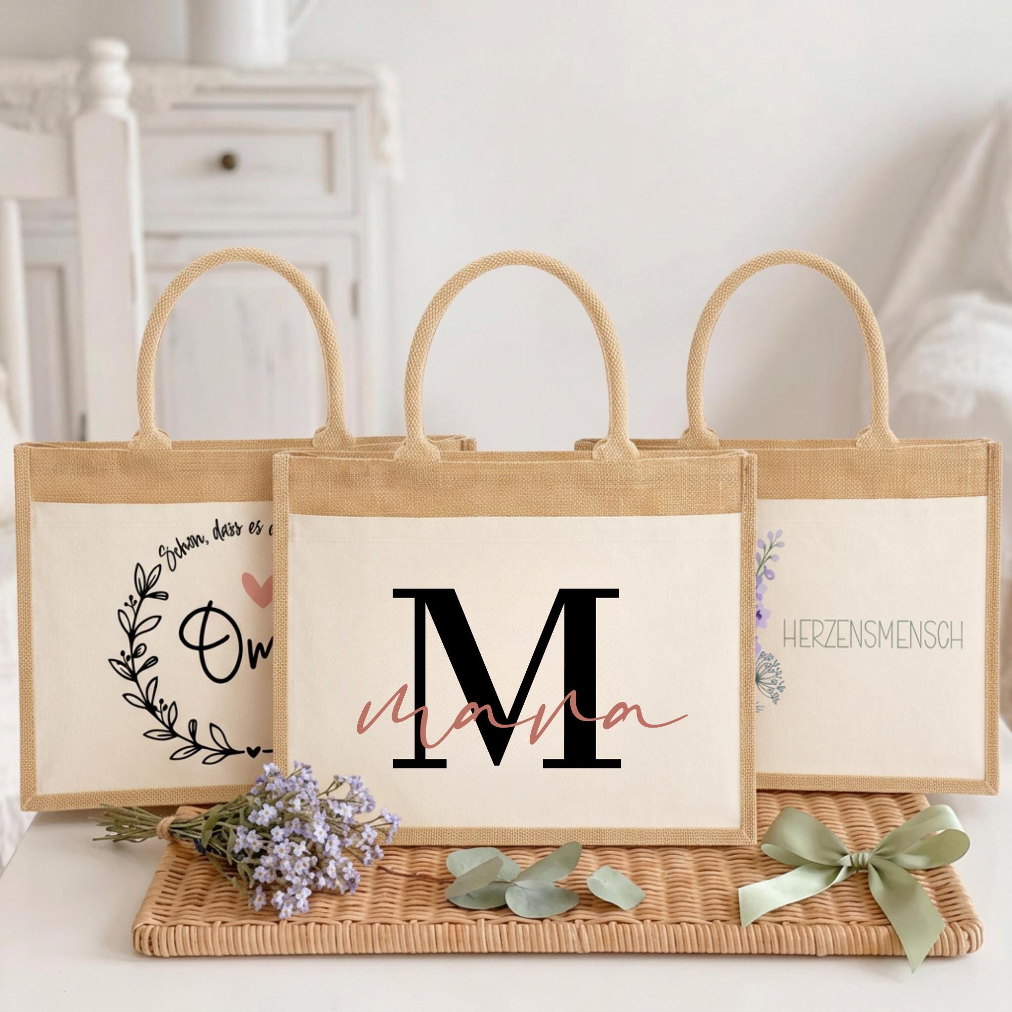 Personalisierte Jutetasche mit Name & Initial – Große Jutetasche Damen, Shopper Tasche, Einkaufstasche, Tote Bag, individuelles Geschenk