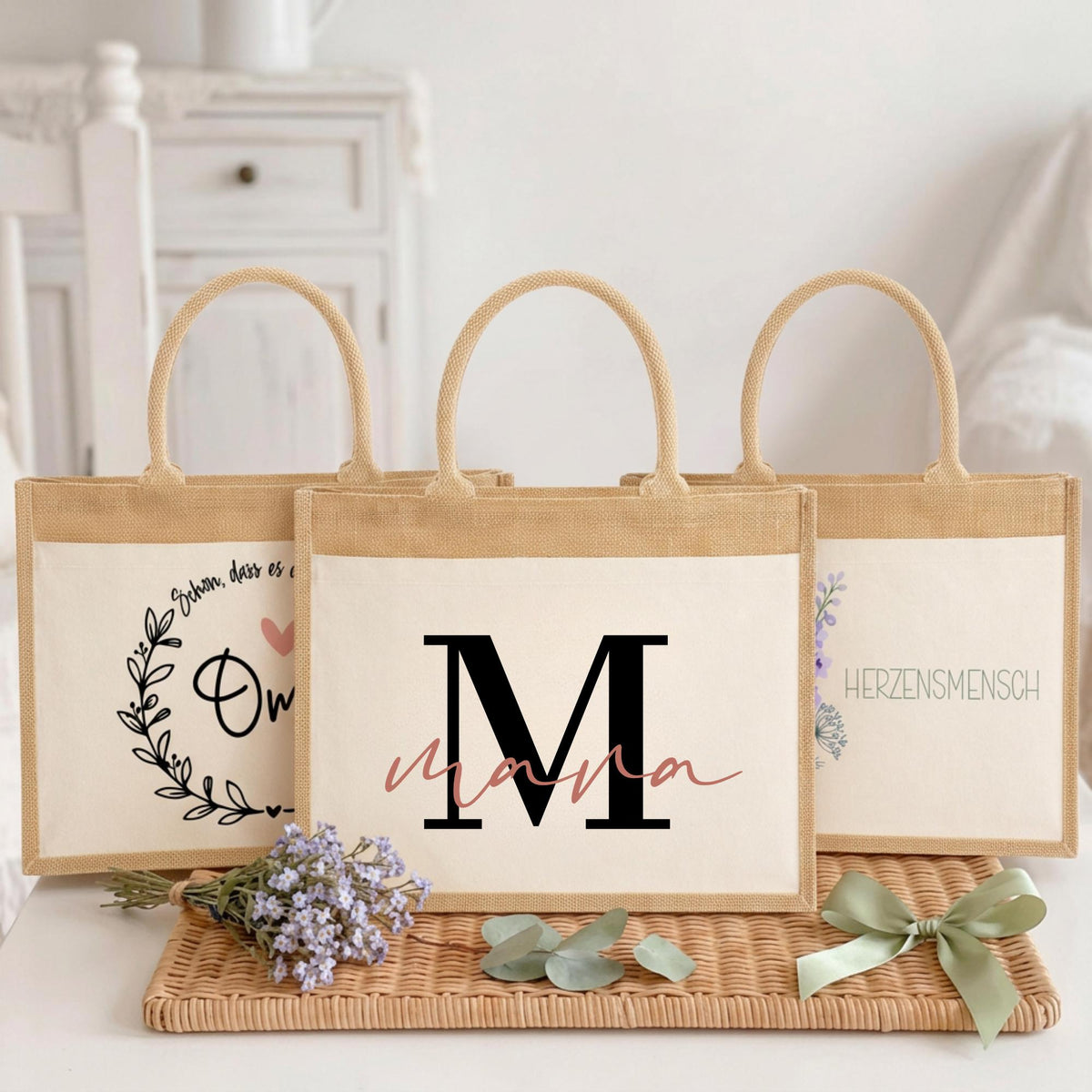 Jutetasche mit Initial & Name