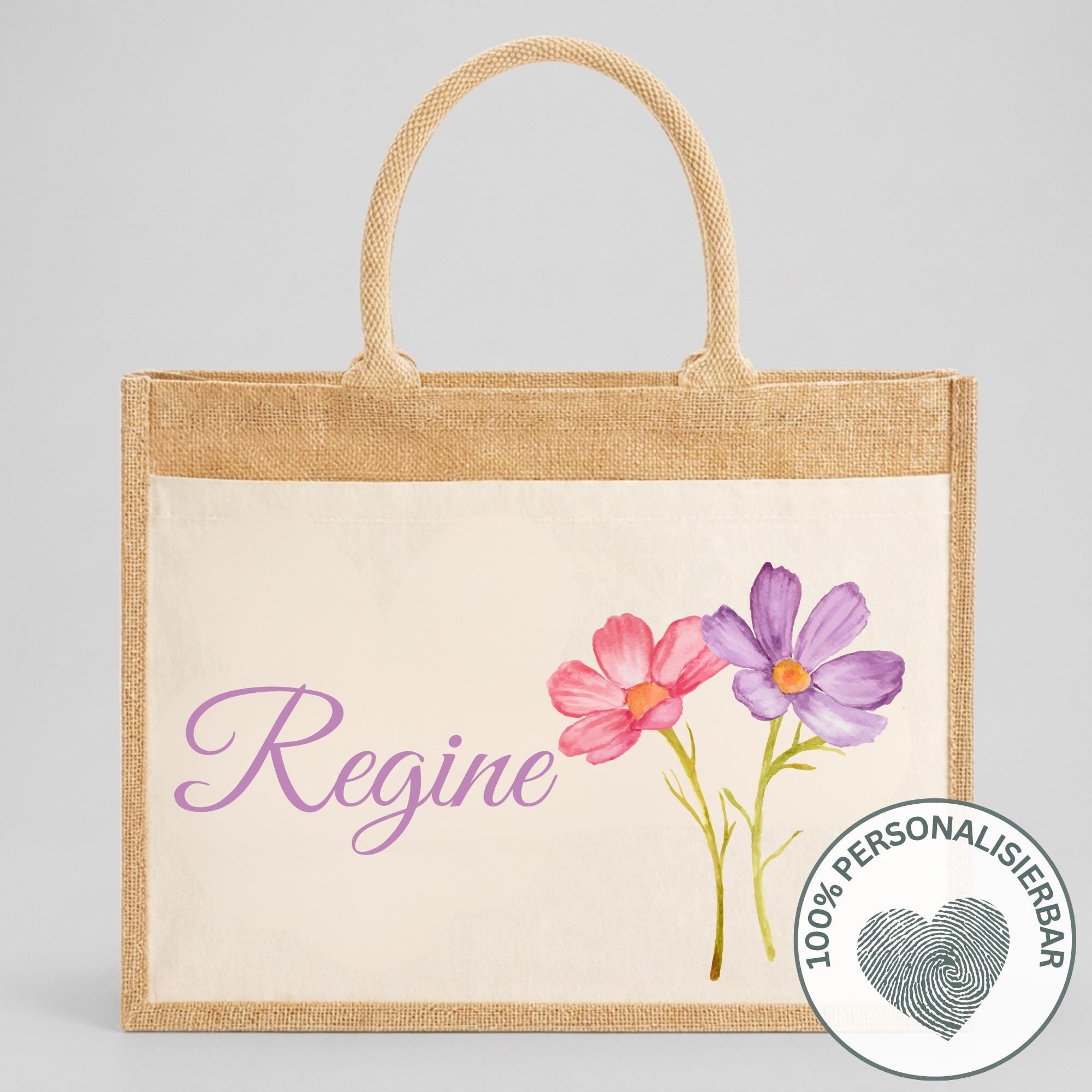 Personalisierte Jutetasche mit Name & Initial – Große Jutetasche Damen, Shopper Tasche, Einkaufstasche, Tote Bag, Design 8 Blume 4