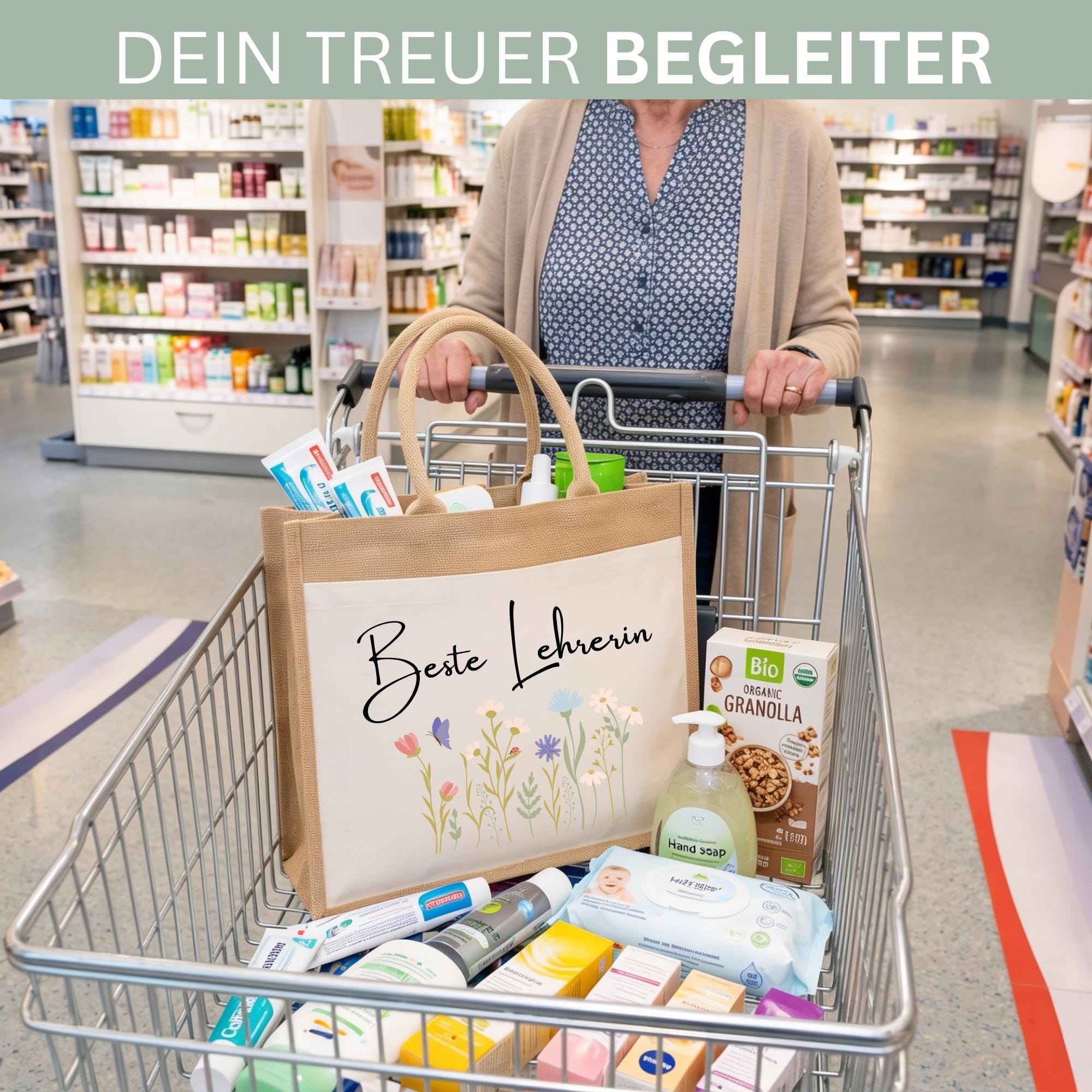 Personalisierte Jutetasche mit Name & Initial – Große Jutetasche Damen, Shopper Tasche, Einkaufstasche, Tote Bag, Design 3