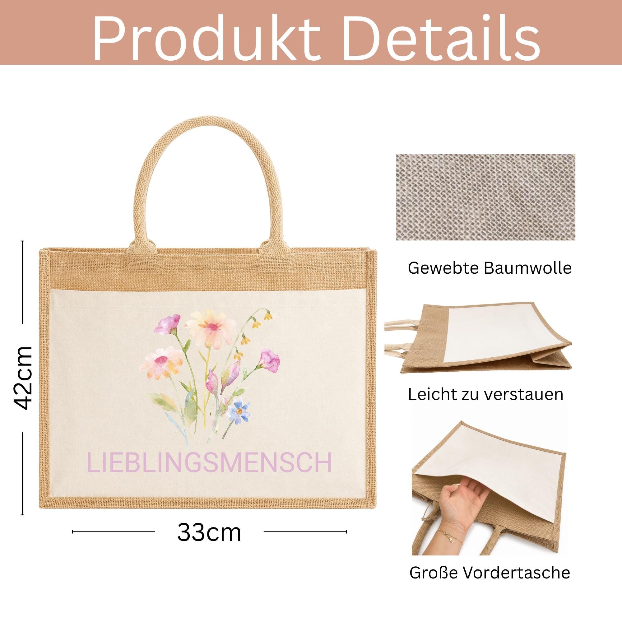 Personalisierte Jutetasche mit Name & Initial – Große Jutetasche Damen, Shopper Tasche, Einkaufstasche, Tote Bag, Design 8 Blume 2