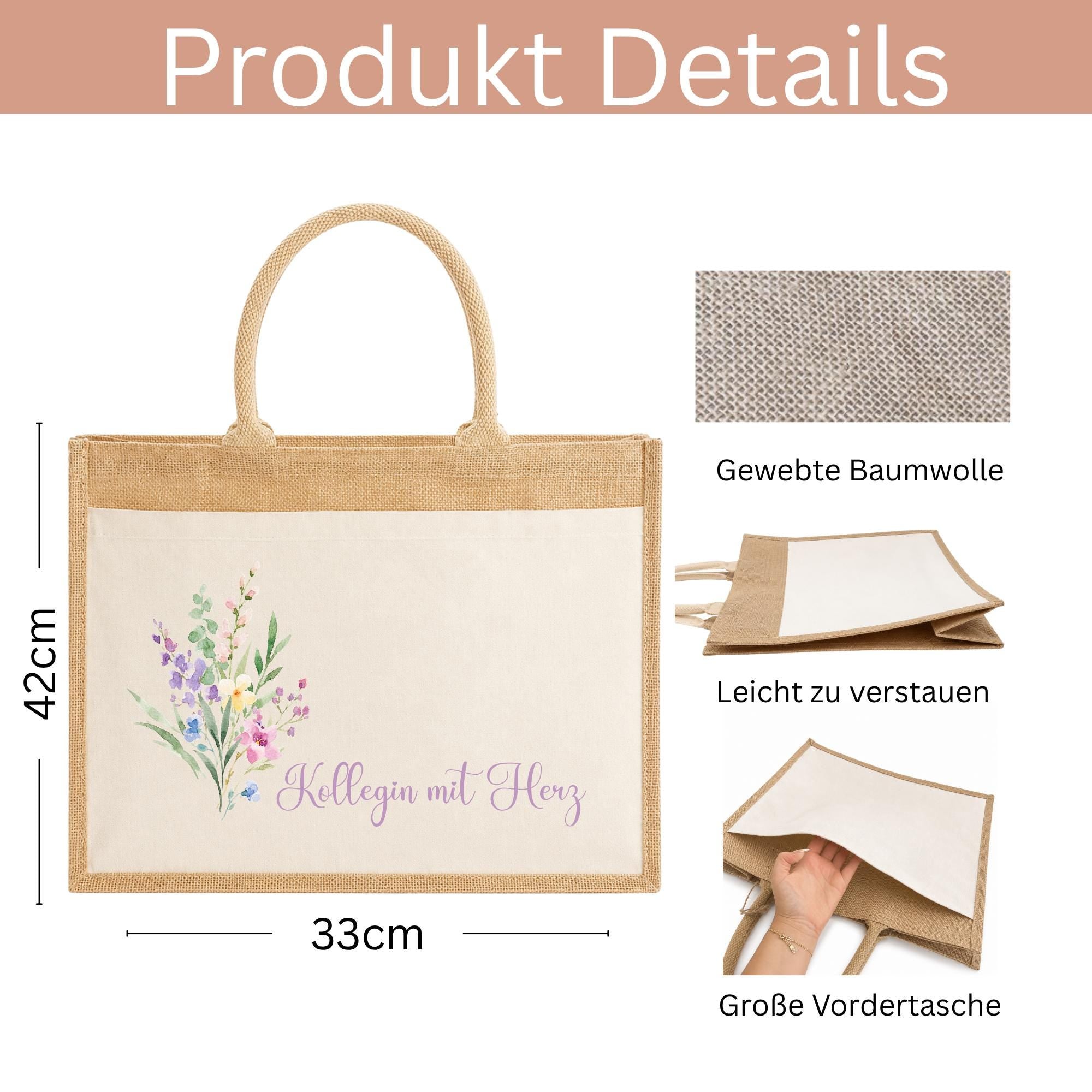 Personalisierte Jutetasche mit Name & Initial – Große Jutetasche Damen, Shopper Tasche, Einkaufstasche, Tote Bag, Design 8 Blume 3