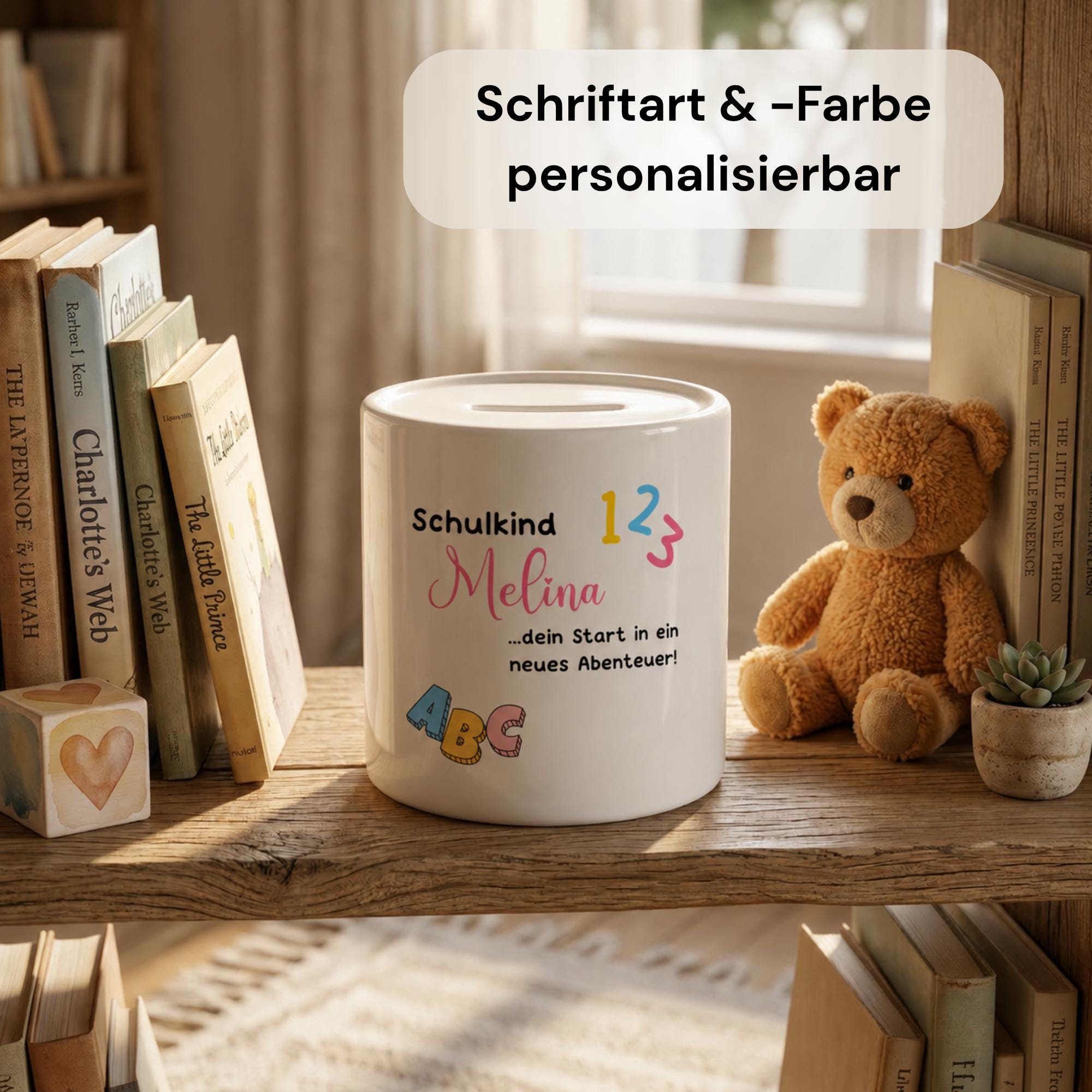 Personalisierte Spardose für Kinder aus Porzellan mit Namen, Sparbüchse, Sparschwein, Designs für Einschulung, Schulkind