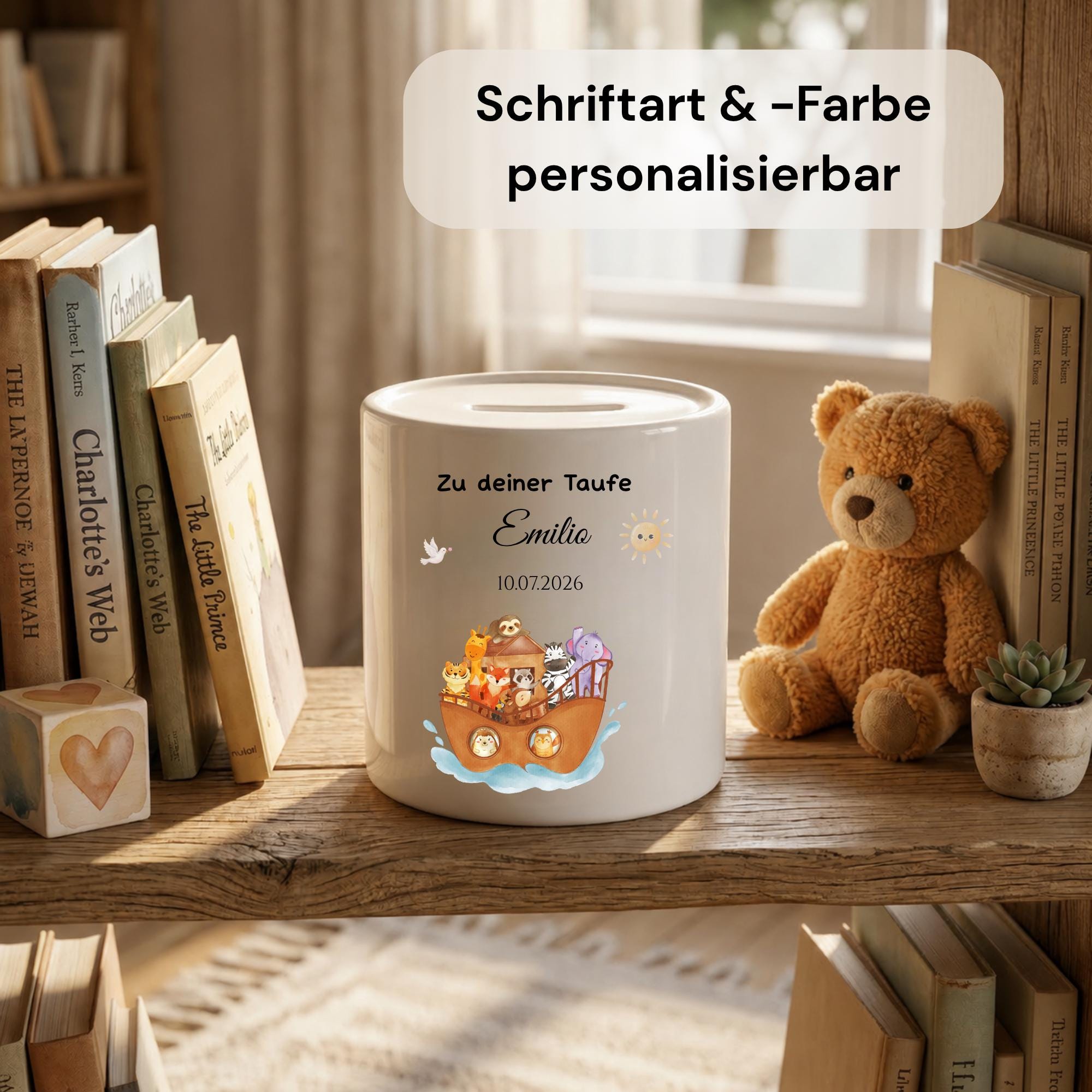 Personalisierte Spardose für Kinder aus Porzellan mit Namen, Sparbüchse, Sparschwein, Designs für Taufe, Konfirmation