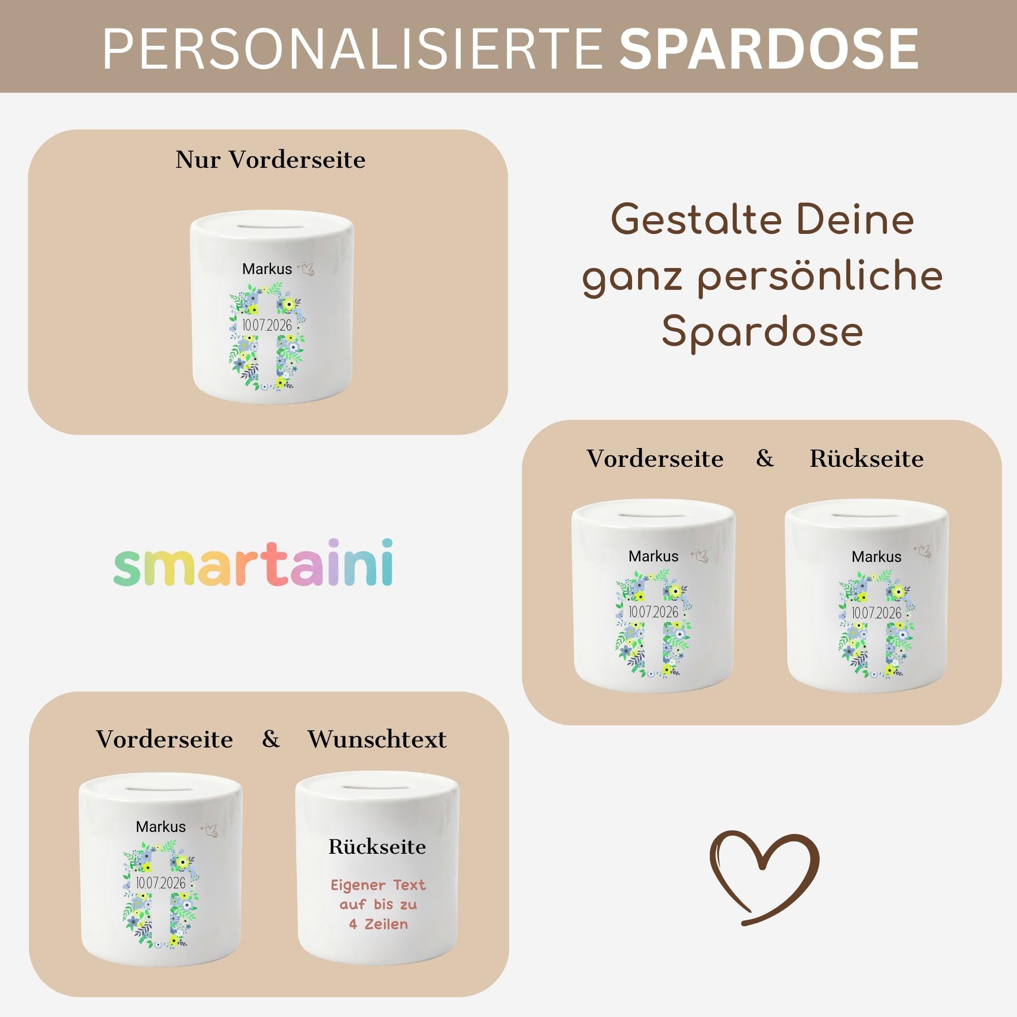 Personalisierte Spardose für Kinder aus Porzellan mit Namen, Sparbüchse, Sparschwein, Designs für Taufe, Konfirmation
