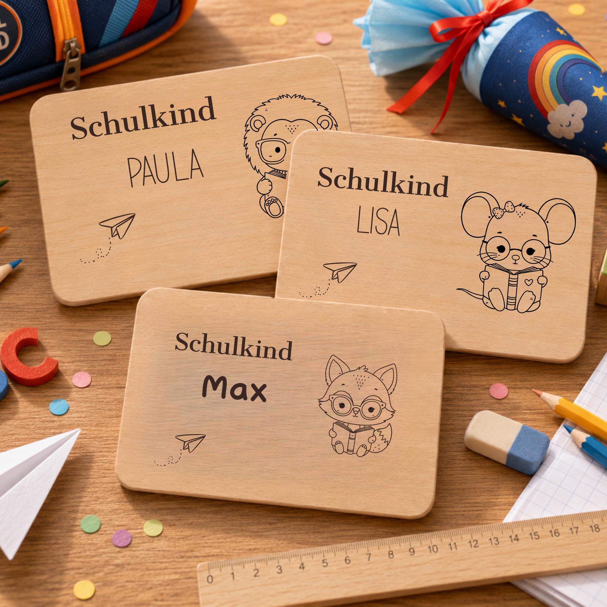 Personalisiertes Frühstücksbrettchen zur Einschulung mit Name, Holzbrettchen mit Wunschgravur, Geschenk zur Einschulung