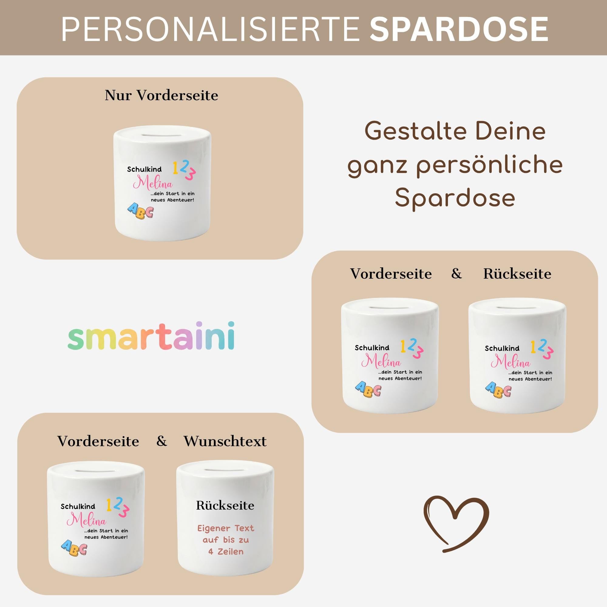 Personalisierte Spardose für Kinder aus Porzellan mit Namen, Sparbüchse, Sparschwein, Designs für Einschulung, Schulkind