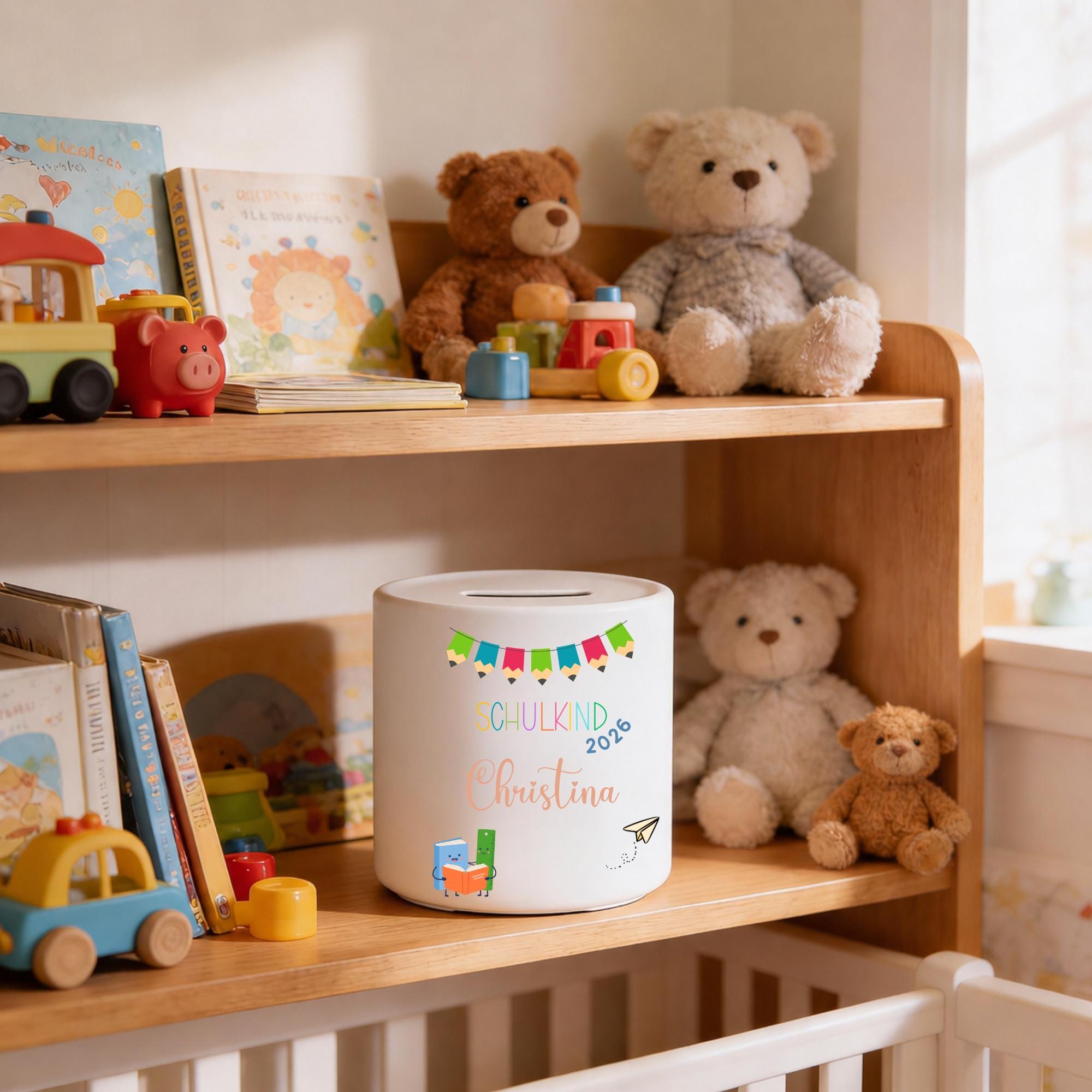 Personalisierte Spardose für Kinder aus Porzellan mit Namen, Sparbüchse, Sparschwein, Designs für Einschulung, Schulkind