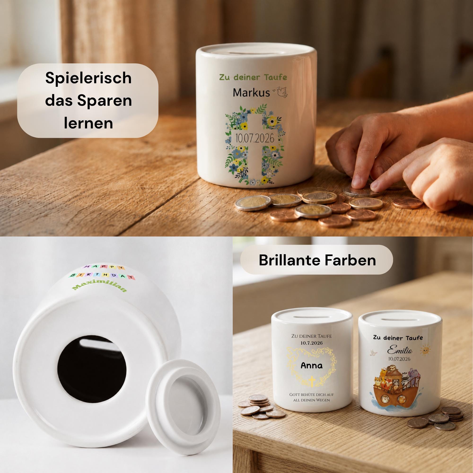 Personalisierte Spardose für Kinder aus Porzellan mit Namen, Sparbüchse, Sparschwein, Designs für Taufe, Konfirmation