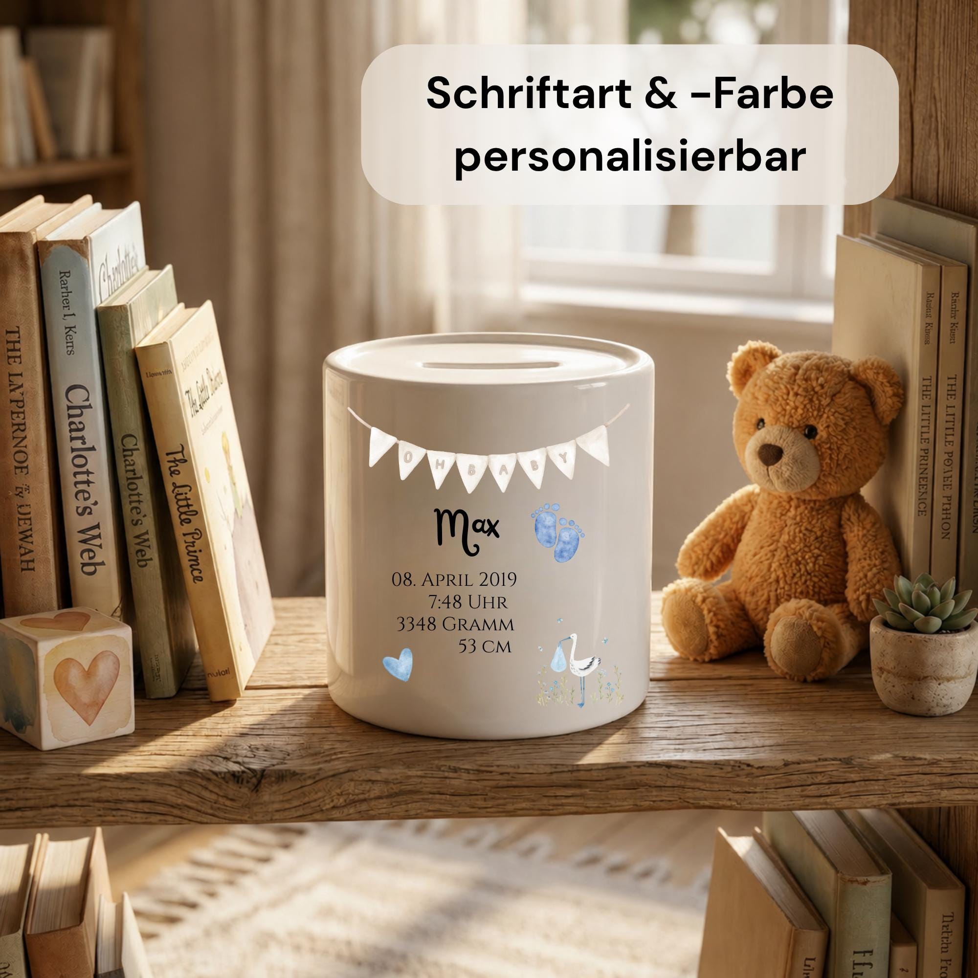Personalisierte Spardose für Kinder aus Porzellan mit Namen, Sparbüchse, Sparschwein, Designs für Geburt/Geburtstag