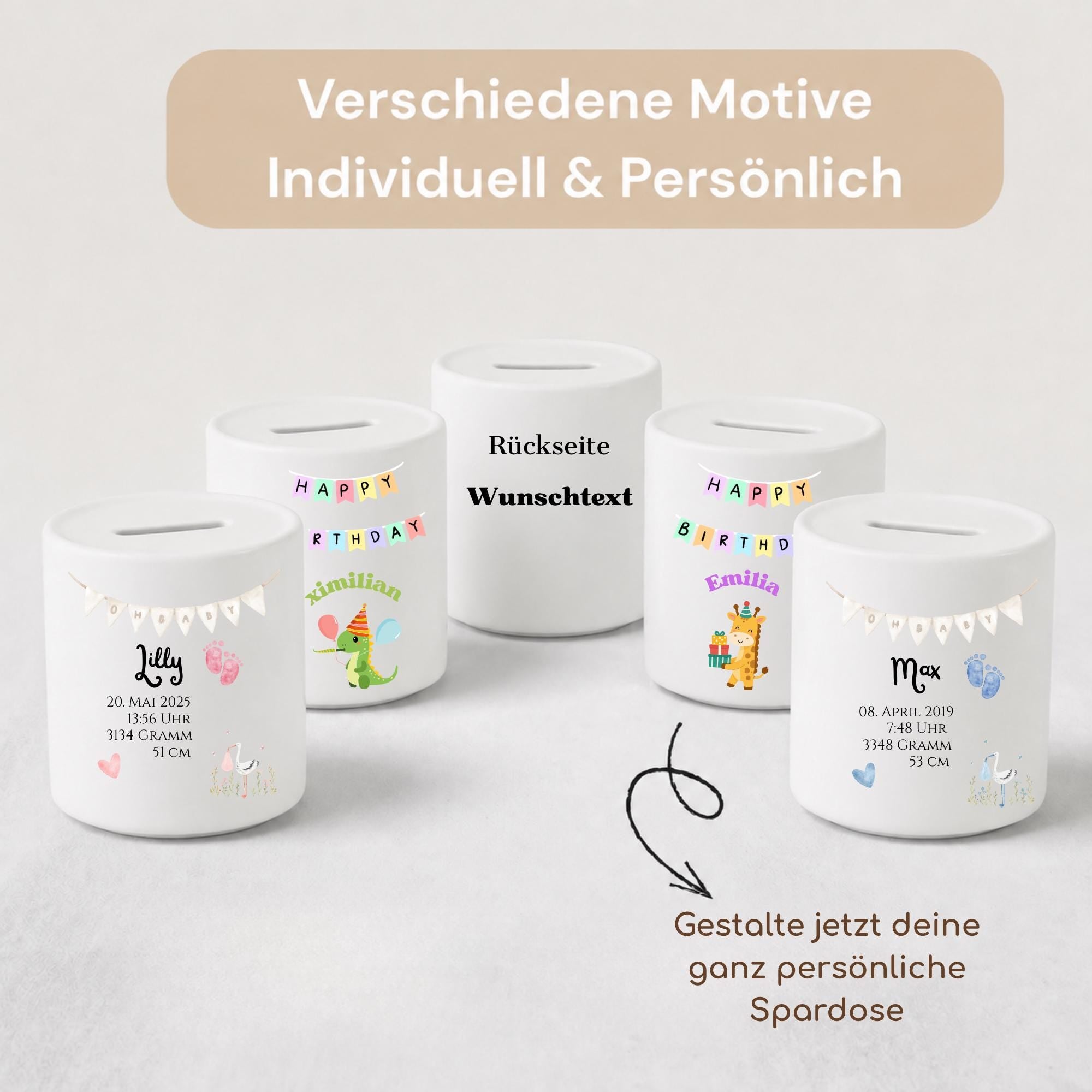 Personalisierte Spardose für Kinder aus Porzellan mit Namen, Sparbüchse, Sparschwein, Designs für Geburt/Geburtstag