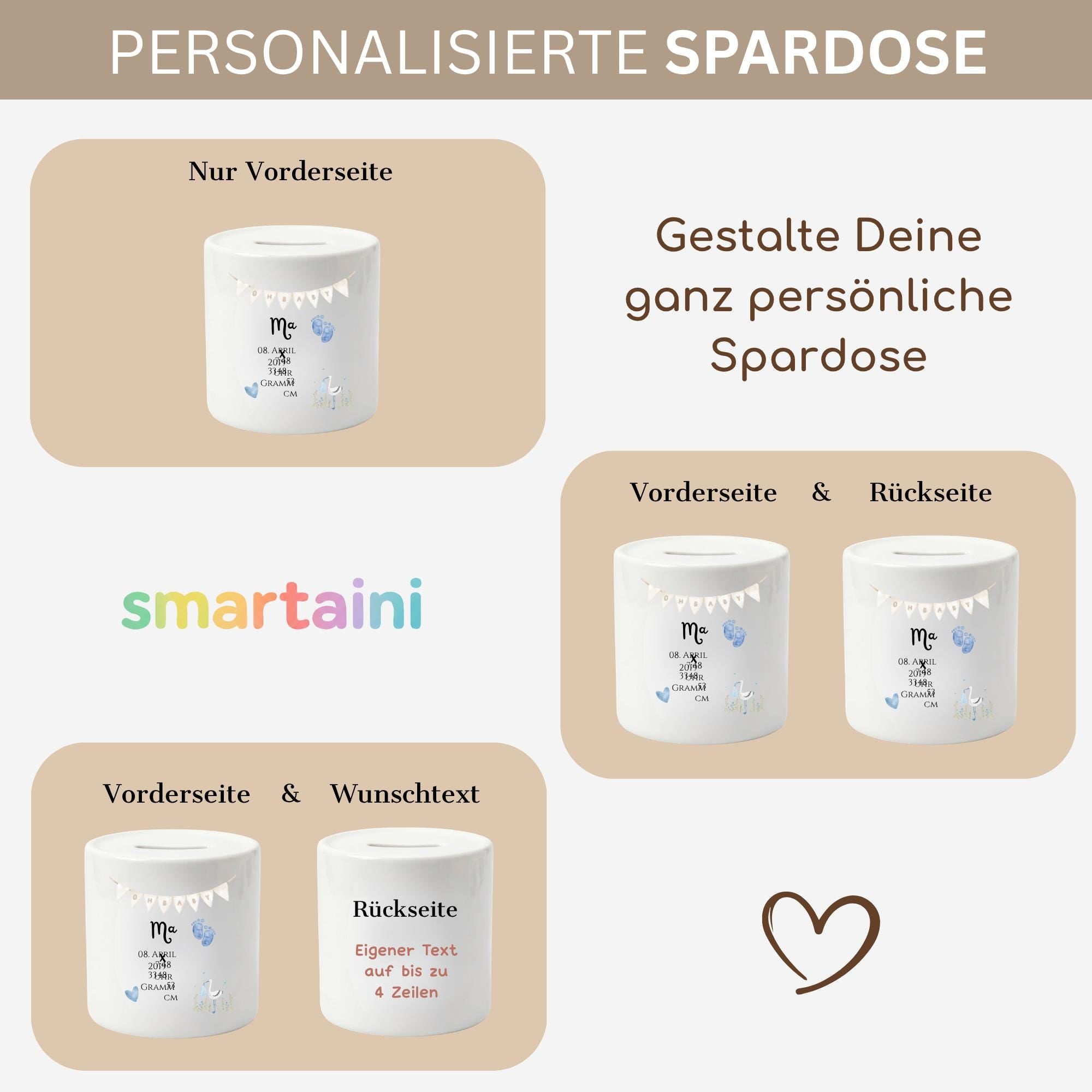 Personalisierte Spardose für Kinder aus Porzellan mit Namen, Sparbüchse, Sparschwein, Designs für Geburt/Geburtstag