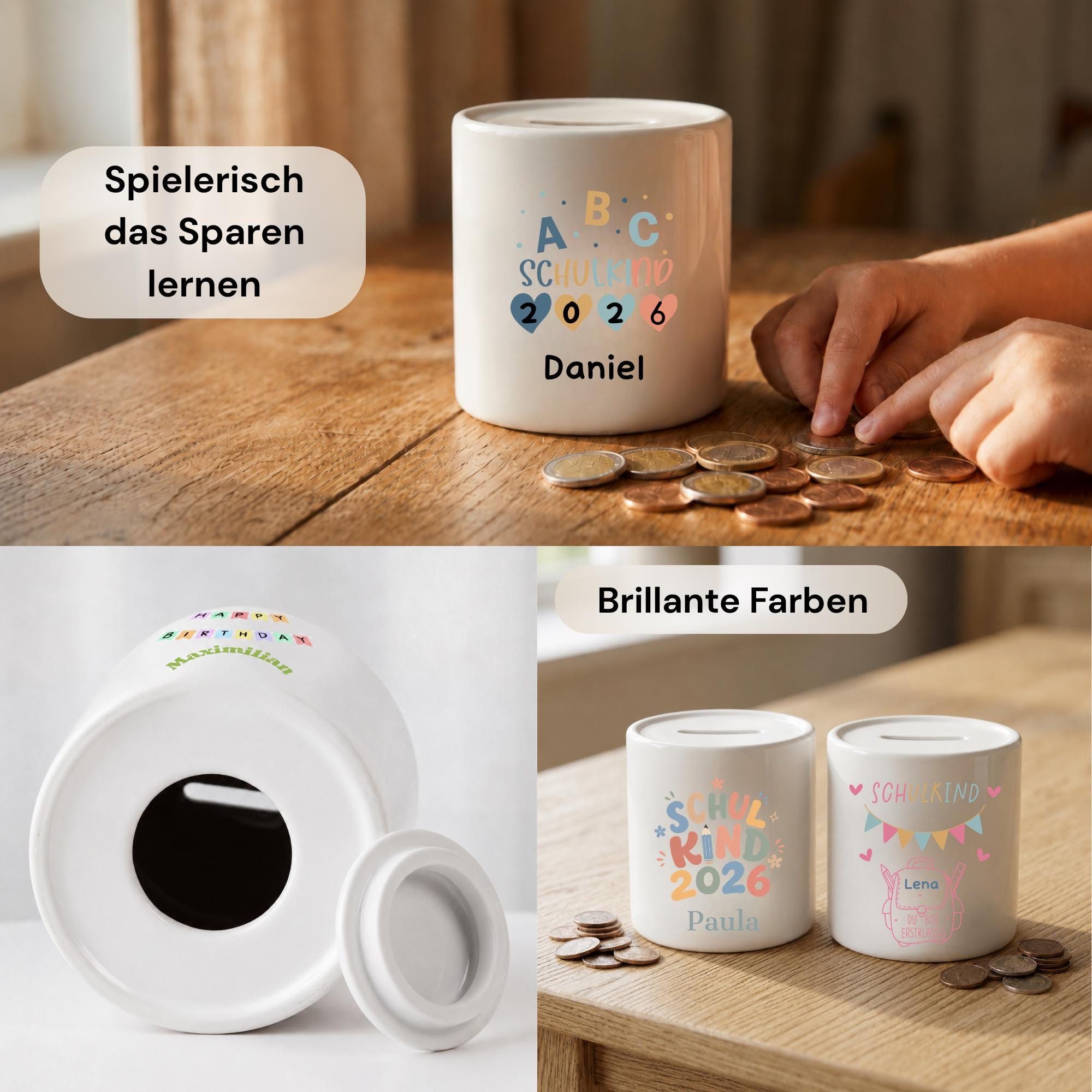 Personalisierte Spardose für Kinder aus Porzellan mit Namen, Sparbüchse, Sparschwein, Designs für Einschulung, Schulkind