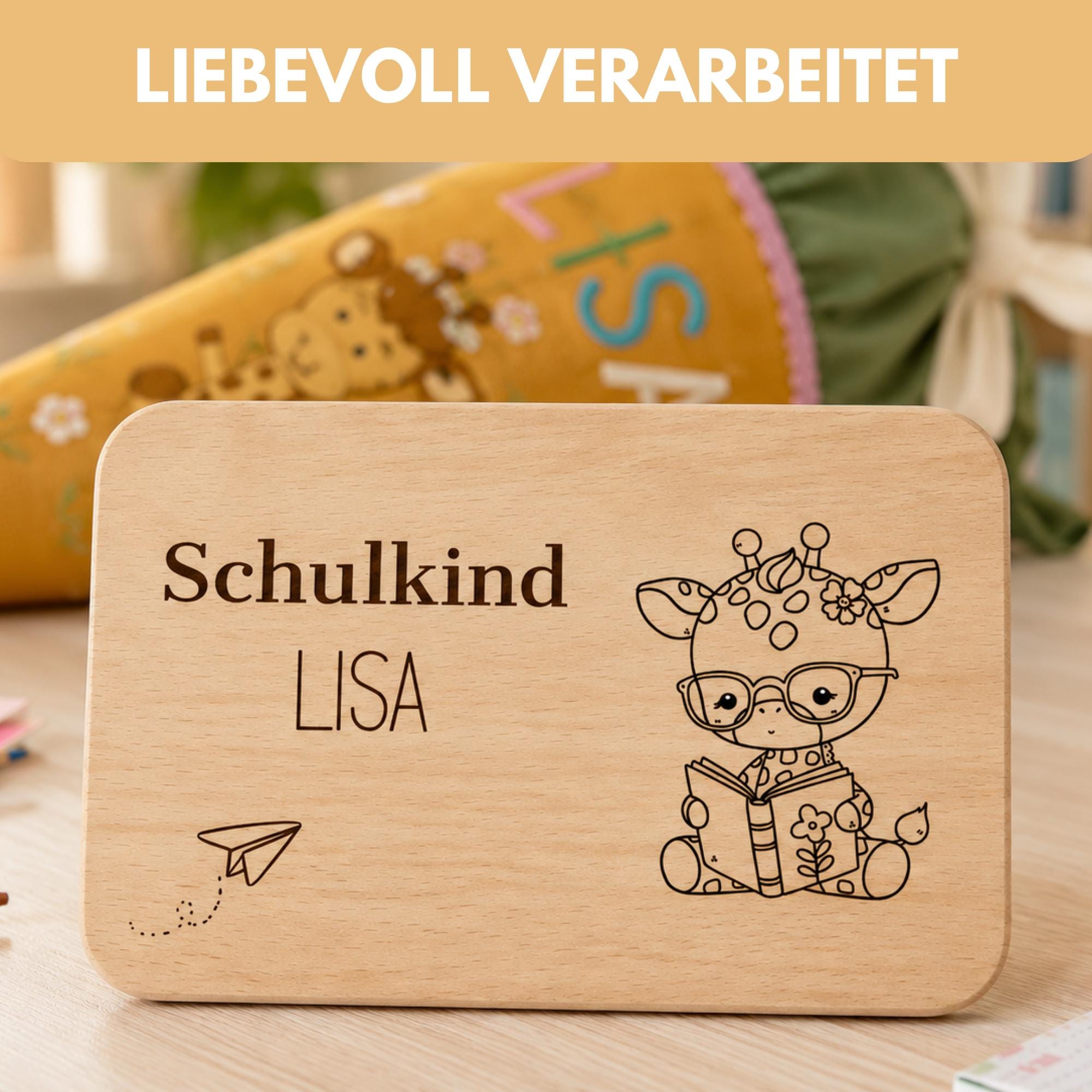 Personalisiertes Frühstücksbrettchen zur Einschulung mit Name, Holzbrettchen mit Wunschgravur – Geschenk zur Einschulung