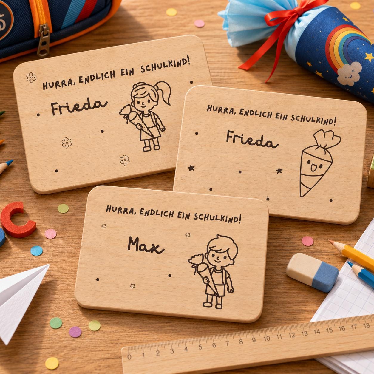 Personalisiertes Frühstücksbrettchen zur Einschulung mit Name, Holzbrettchen mit Wunschgravur, Geschenk zur Einschulung