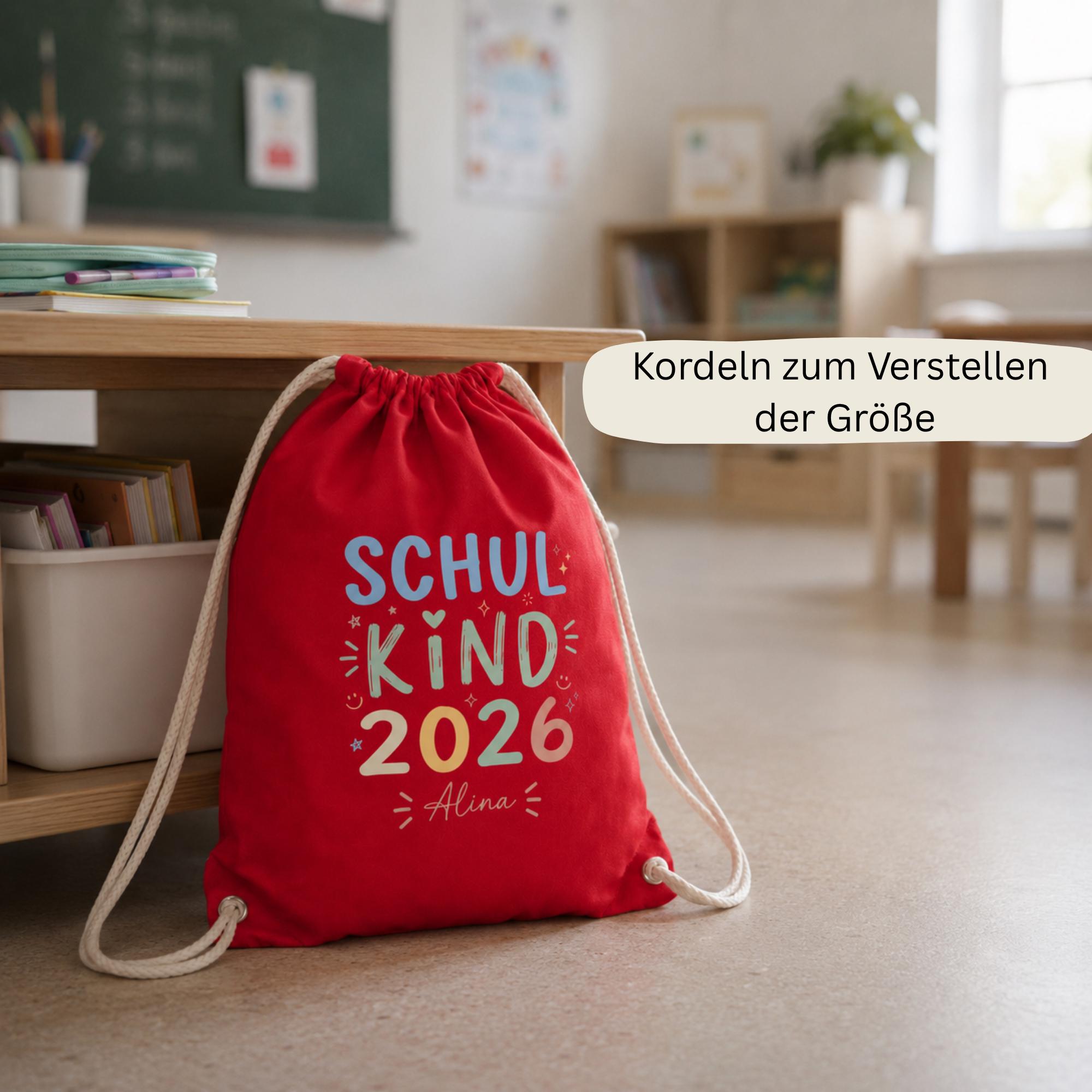 Personalisierter Turnbeutel, Schulkind 2026, Sportbeutel, personalisiert fĂŒr Schule & Einschulung, Geschenk zum Schulstart in 5 Farben
