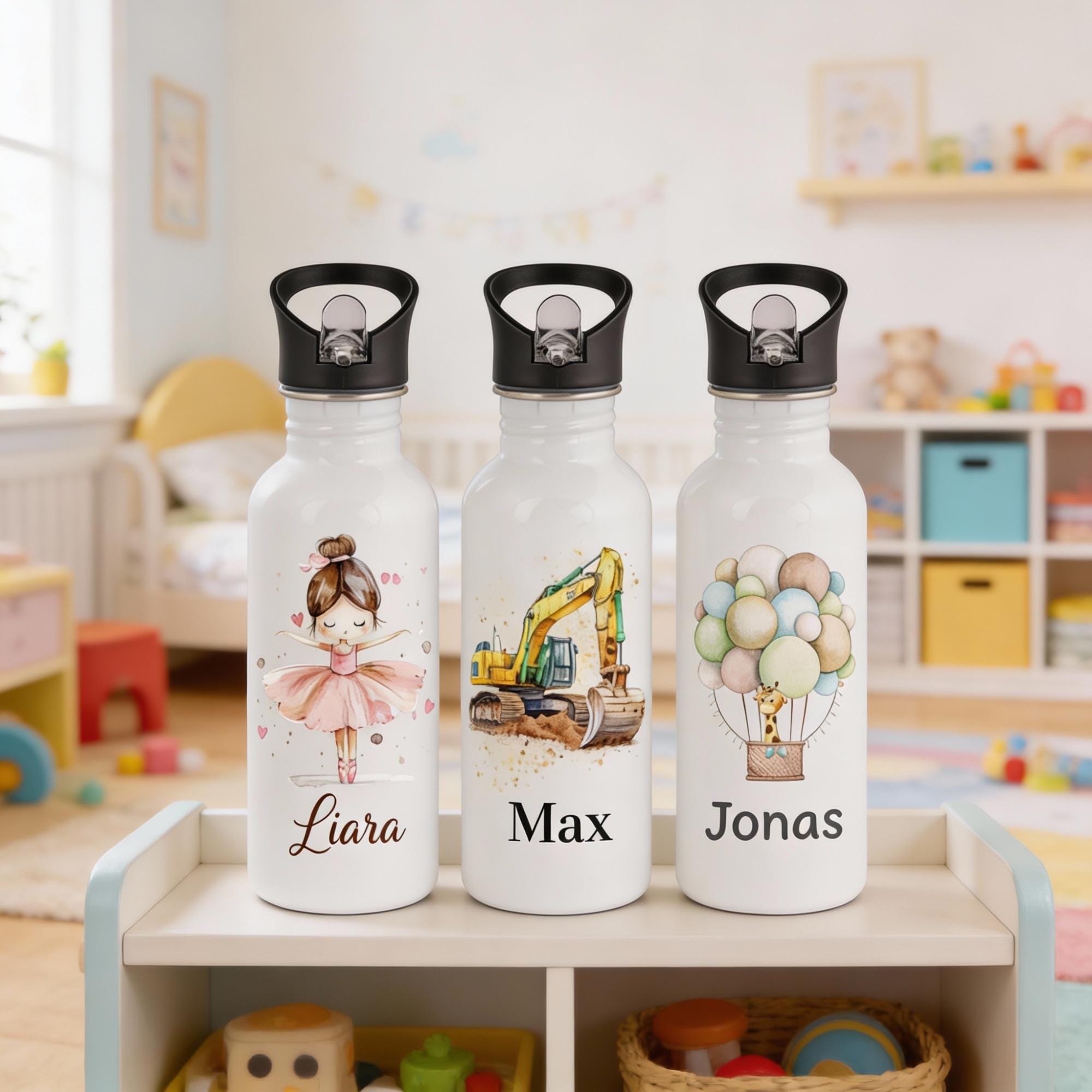 Personalisierte Trinkflasche für Kinder, Flasche mit Namen und Motiv, Geschenk für Junge und Mädchen