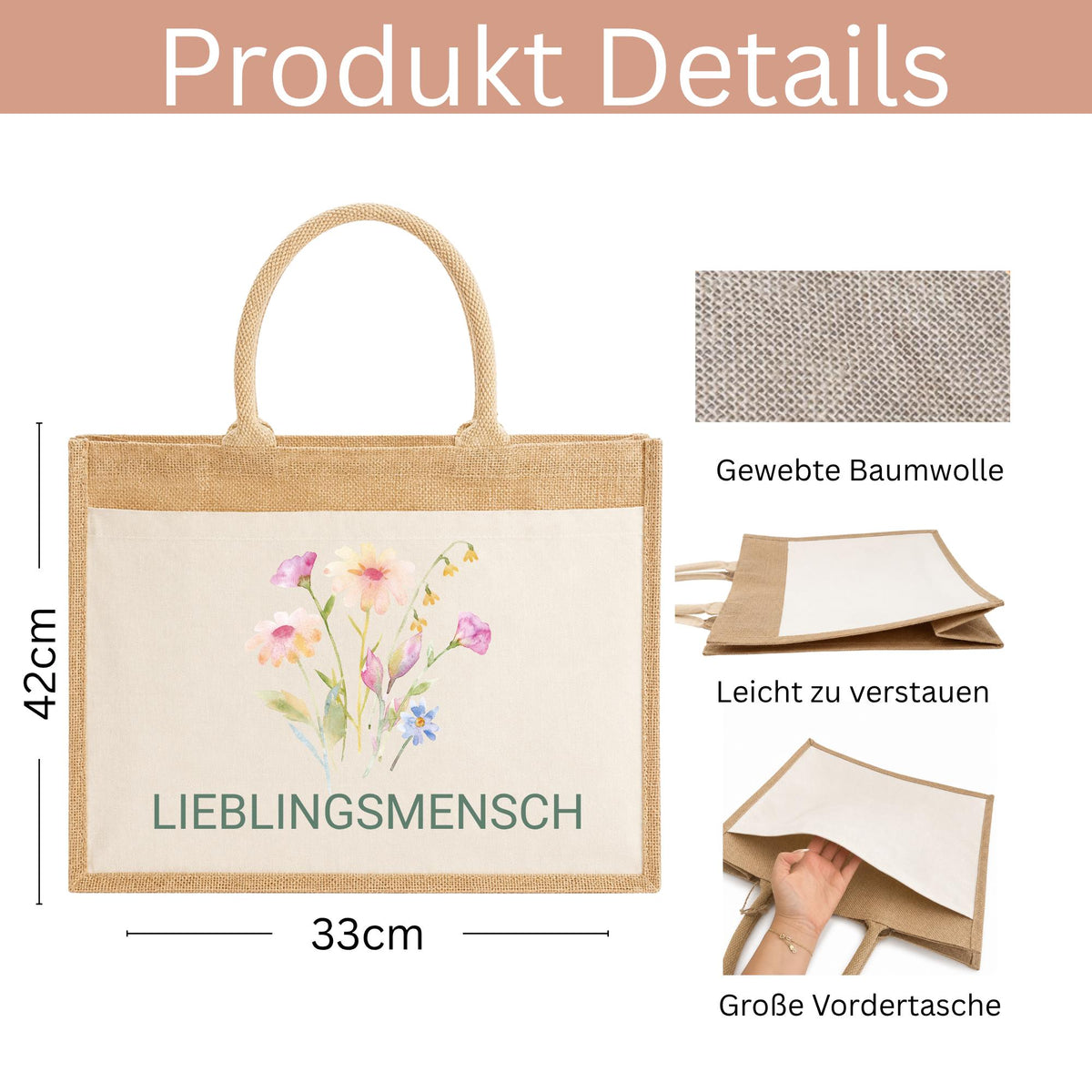 Jutetasche mit Blumenstrauß & Name