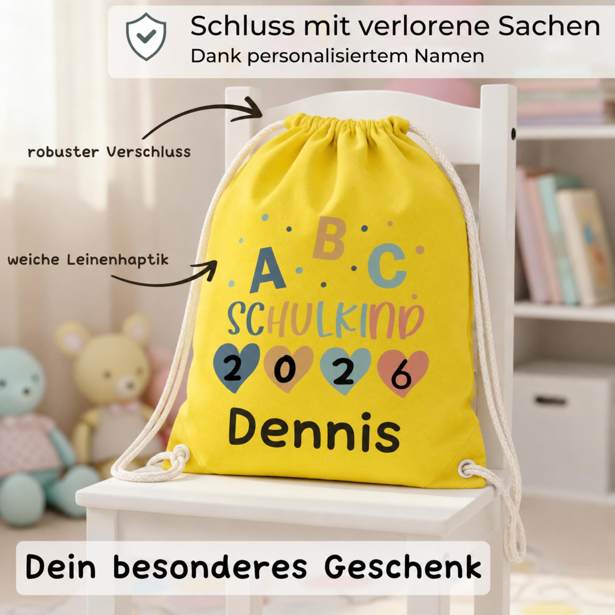 Personalisierter Turnbeutel, Schulkind 2026, Sportbeutel, personalisiert fĂŒr Schule & Einschulung, Geschenk zum Schulstart in 5 Farben