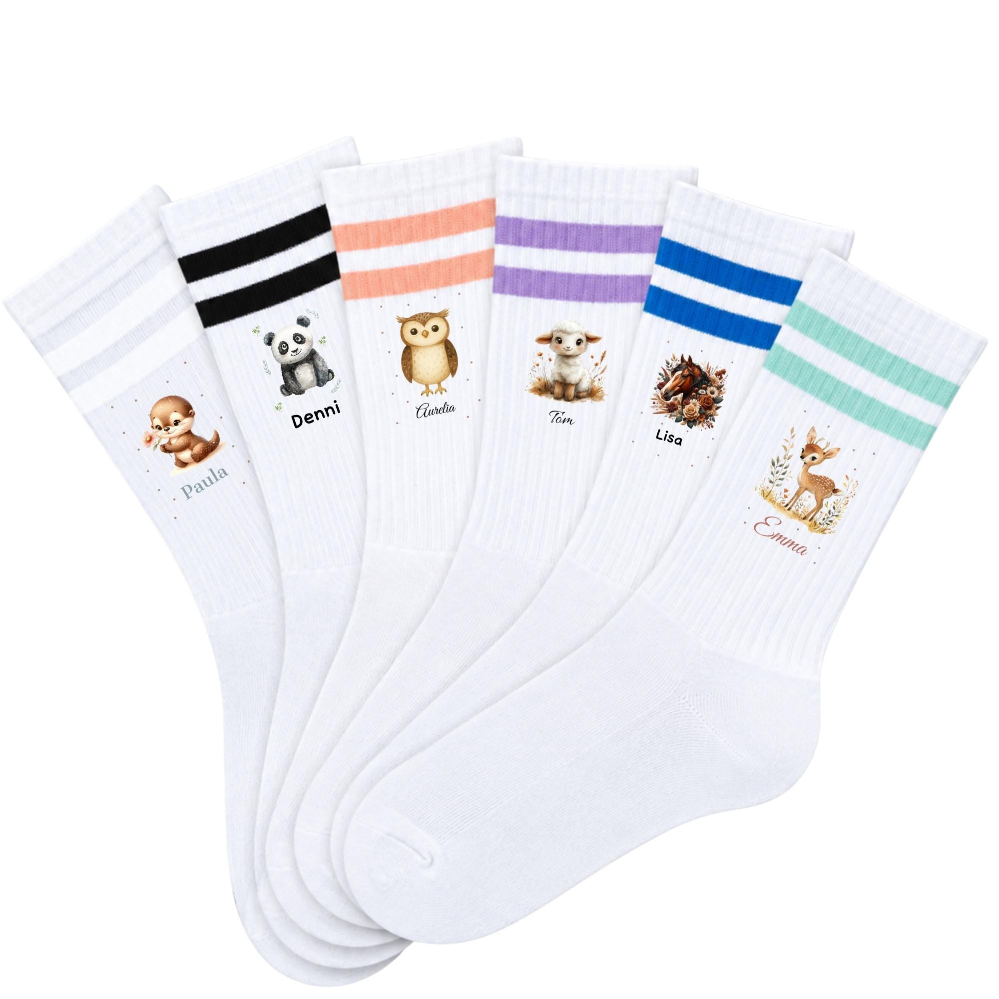 Personalisierte Socken mit Namen und Tiermotiv, Kindersocken für Jungen & Mädchen, 16 süße Tiermotive zur Auswahl, individuelles Geschenk