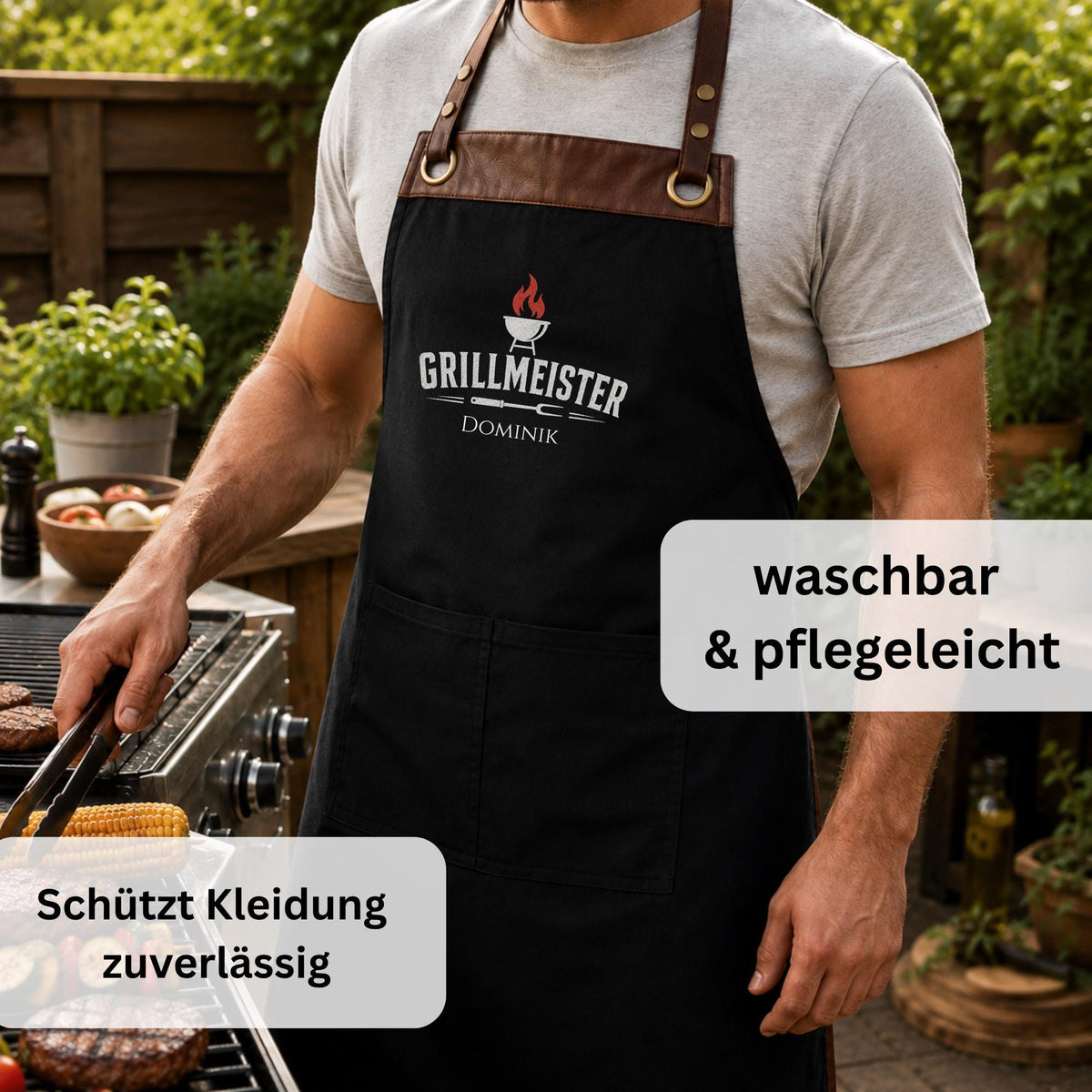 Grillschürze personalisiert für Männer, Kochschürze mit Namen, lustige Grillmeister Schürze, Geschenk für Papa Opa Grillfan