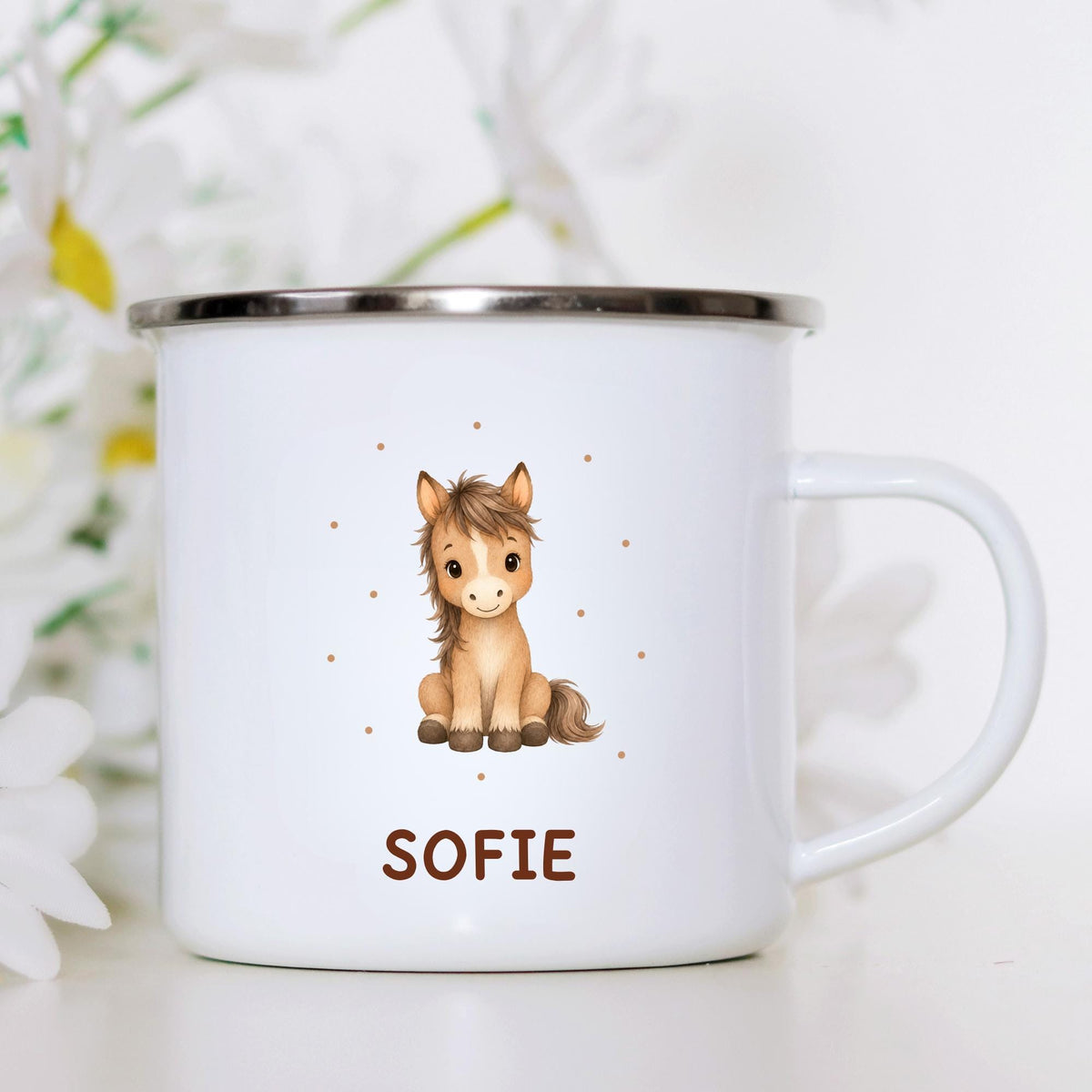 Personalisierte Emailletasse mit Namen – individuelles Geschenk für Kinder, Kinder Becher 330 ml, leichte Emaille Tasse, Tiermotive
